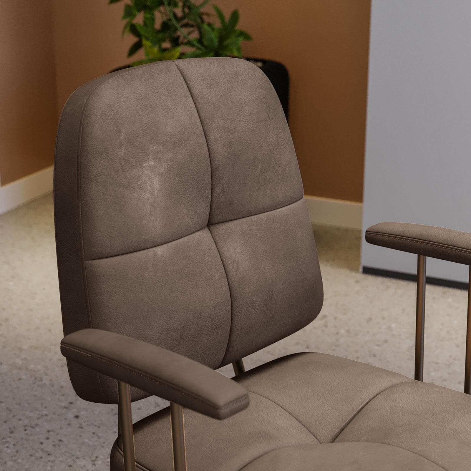 Poltrona girevole da ufficio in tessuto scamosciato tortora con base in bronzo satinato - Sirva
