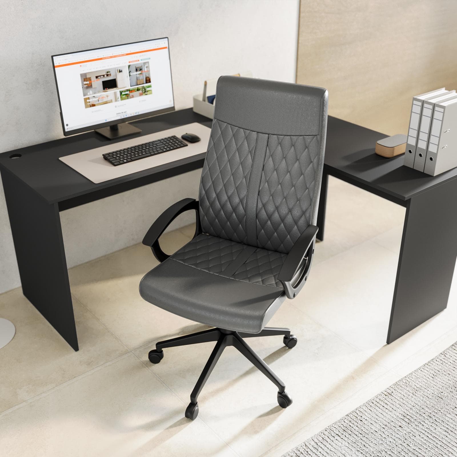 Poltrona da ufficio in similpelle grigio scuro con braccioli - Shuber