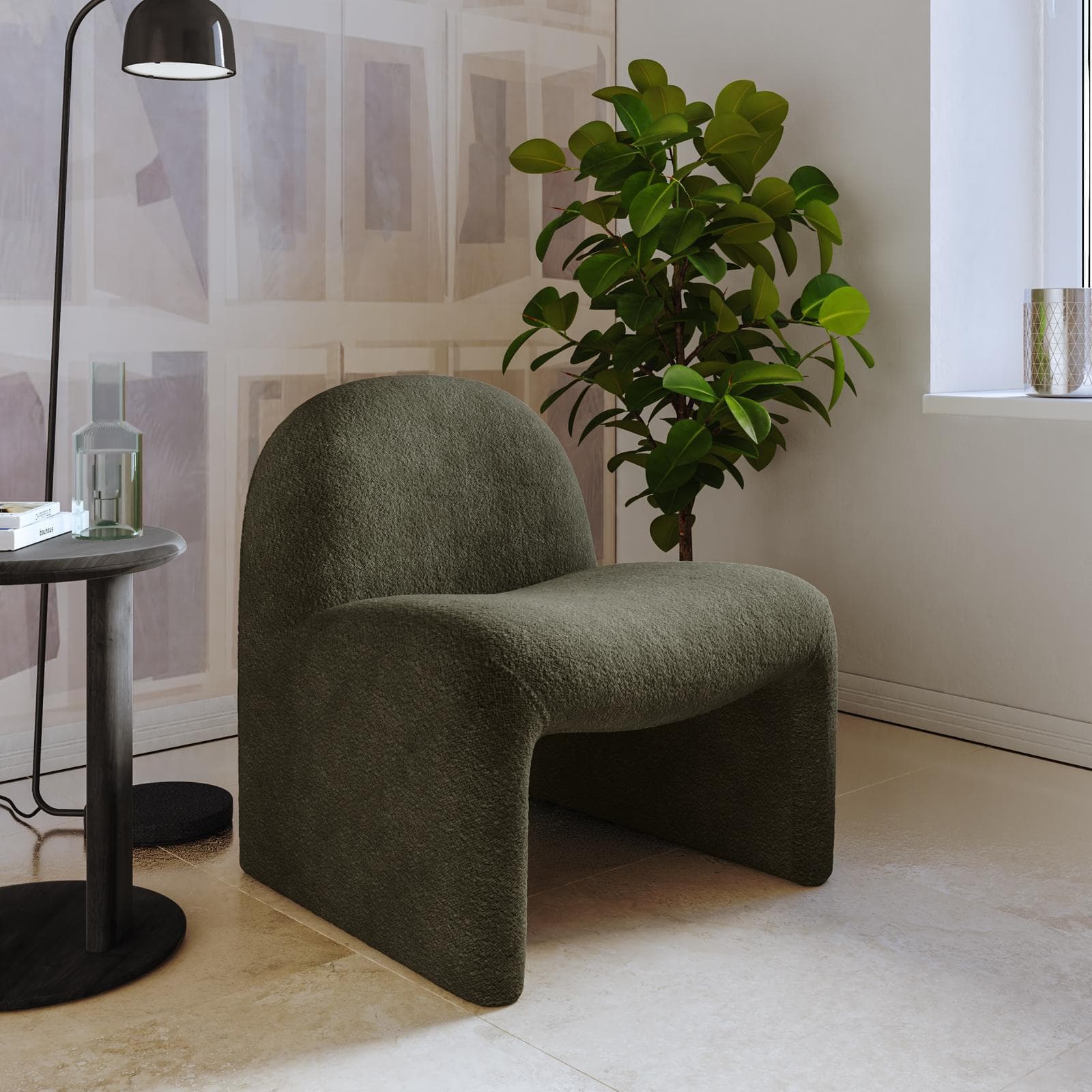 Poltrona dal design moderno in bouclé verde scuro - Niklam