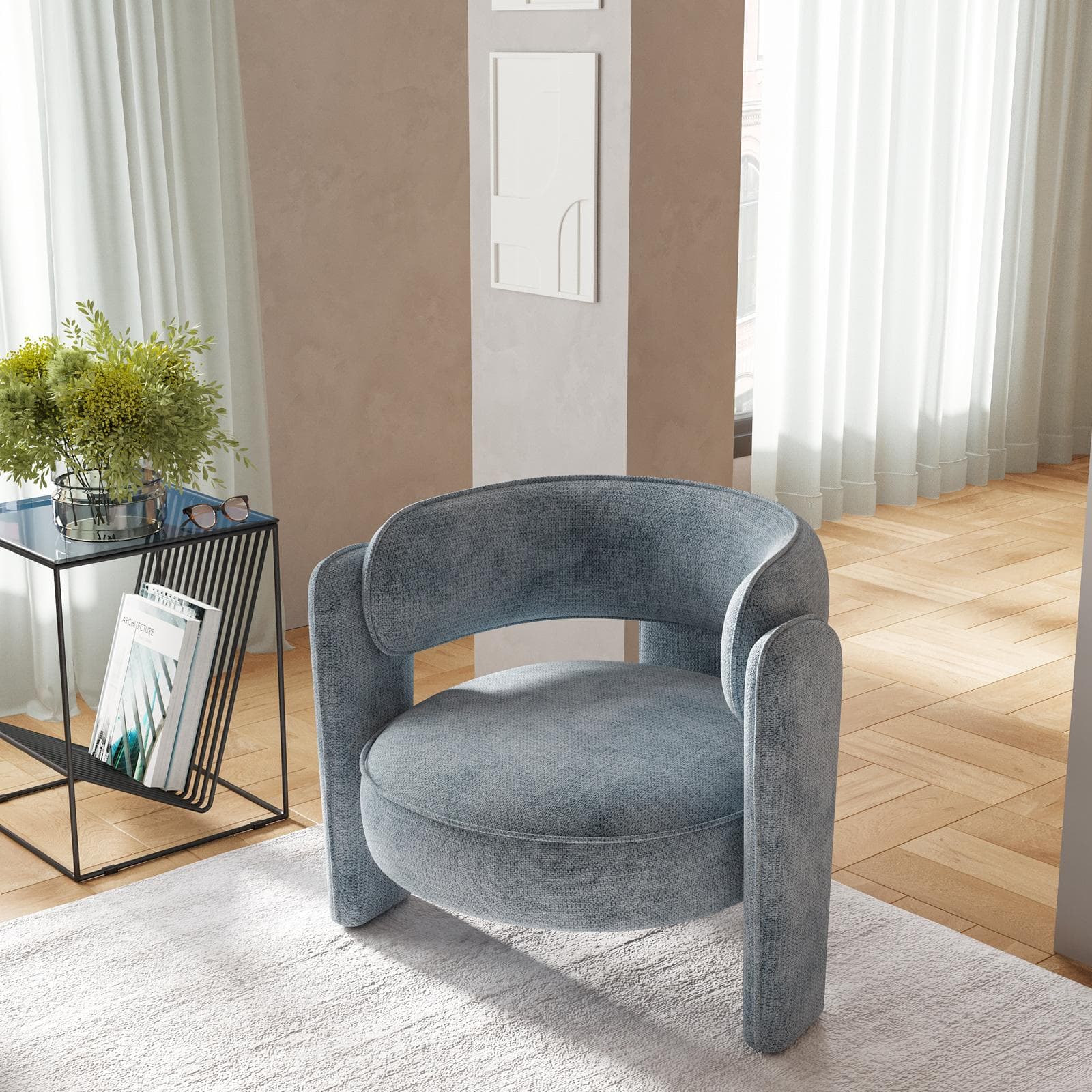 Poltrona design moderno in tessuto effetto maglia blu avio - Vivian