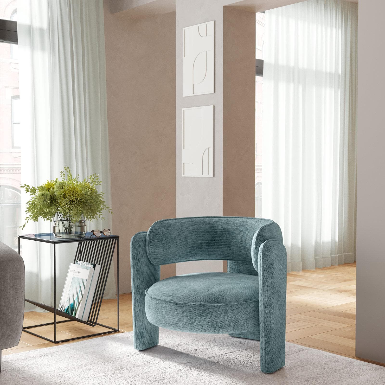 Poltrona design moderno in tessuto effetto maglia verde salvia - Vivian