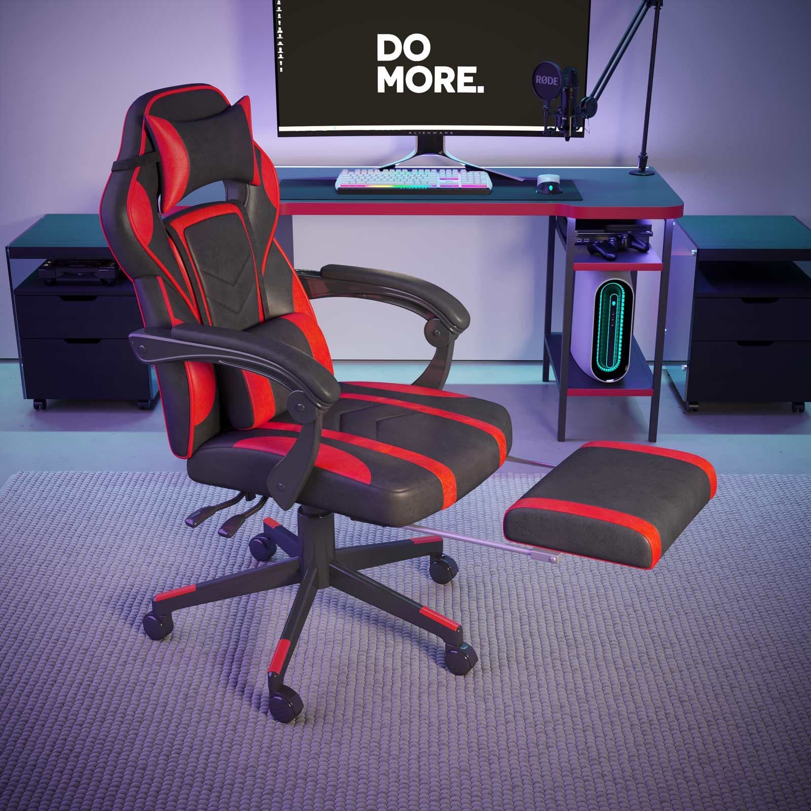 Poltrona da gaming girevole in similpelle nera e rossa con schienale reclinabile e poggiapiedi - Spacex