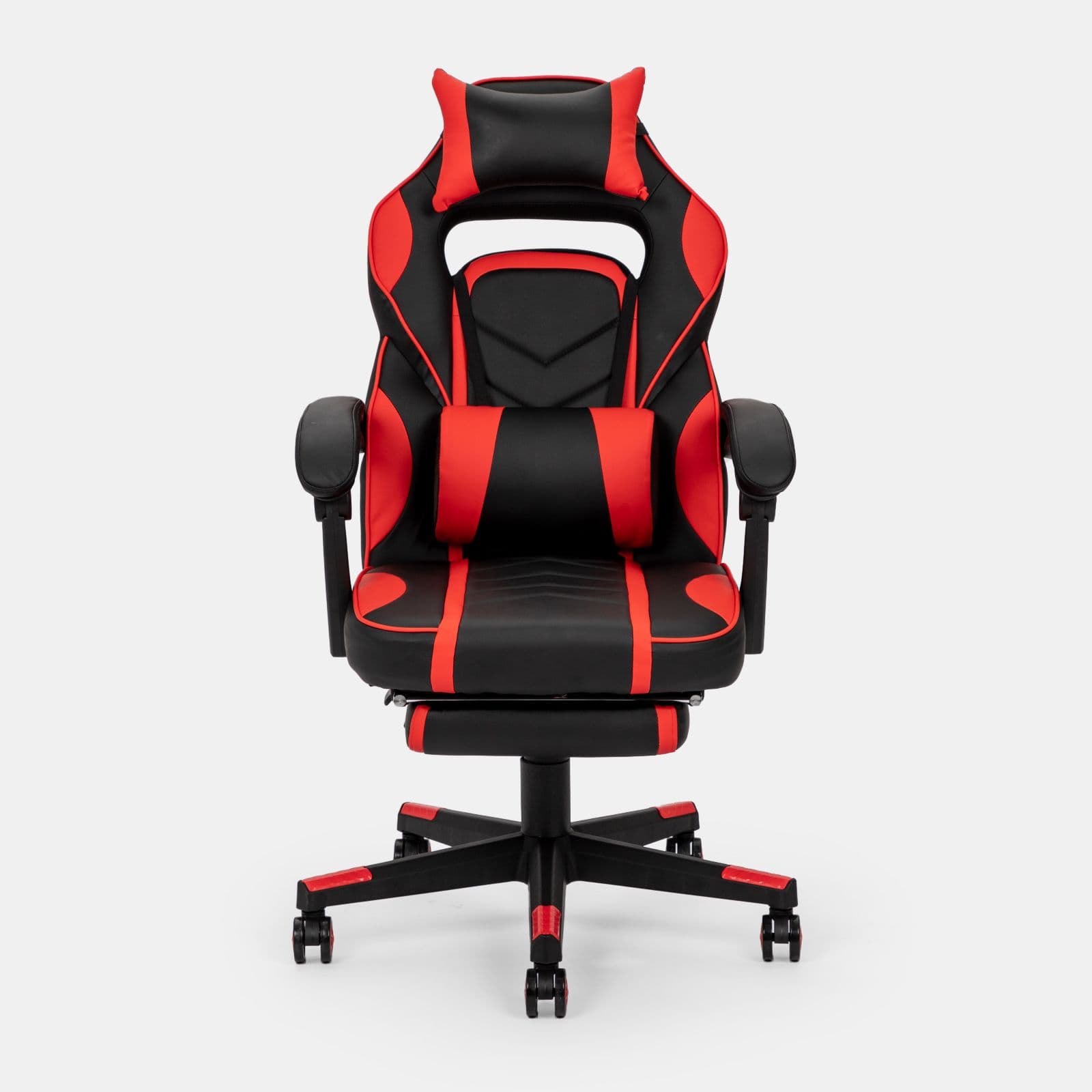 Poltrona da gaming girevole in similpelle nera e rossa con schienale reclinabile e poggiapiedi - Spacex