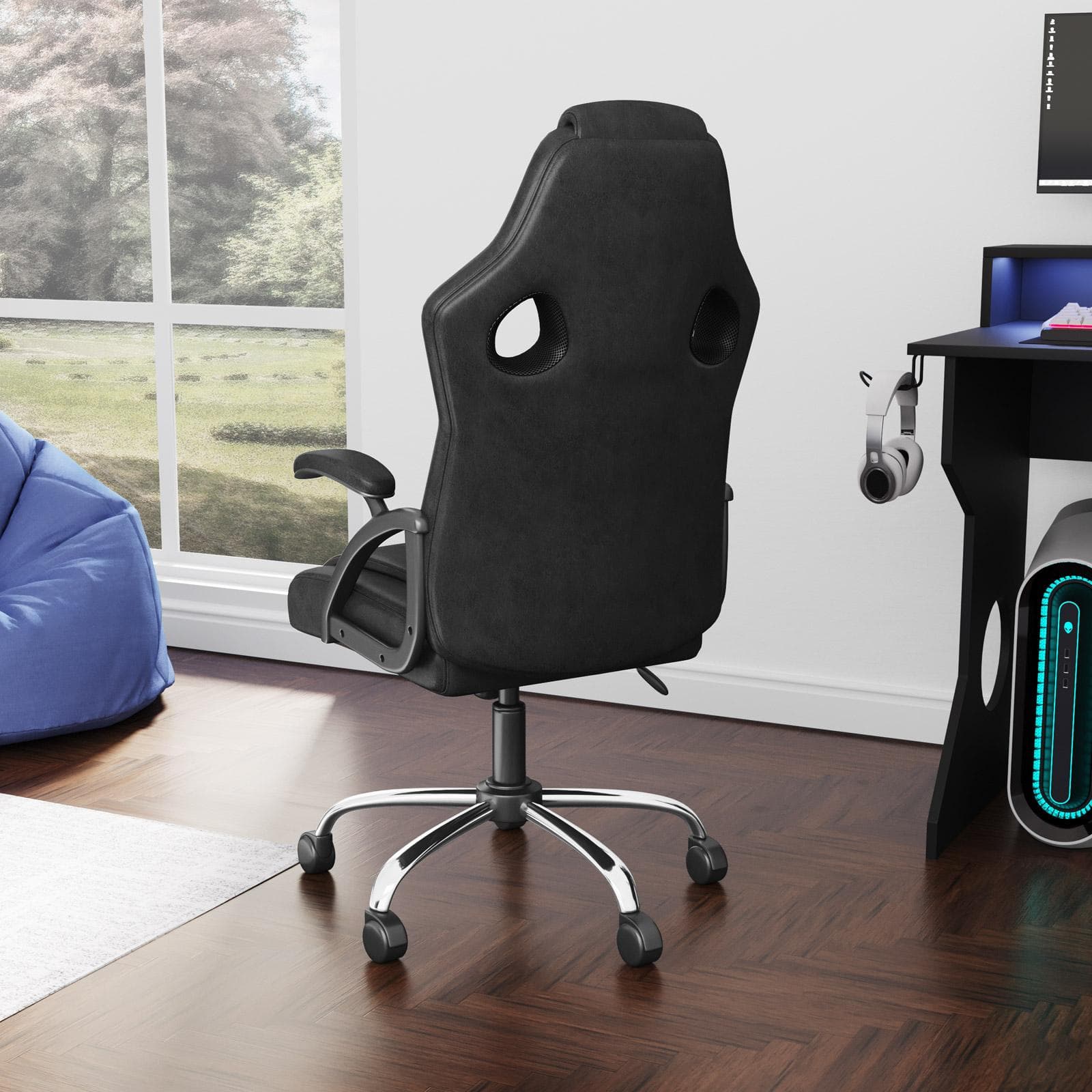 Poltrona da gaming girevole in similpelle nera con schienale ergonomico e braccioli imbottiti - Lambert