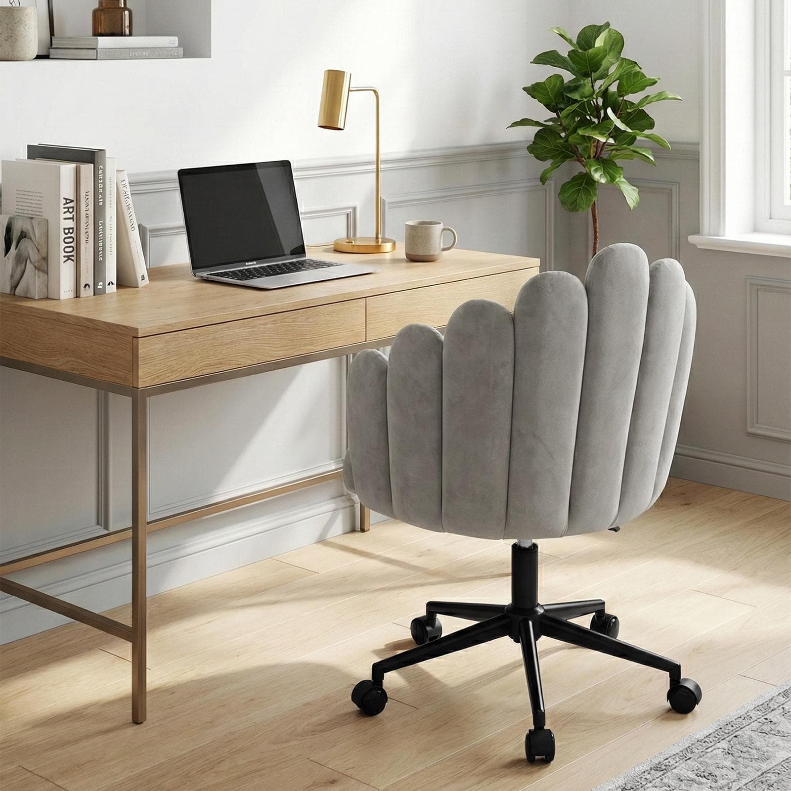 LICKY POLTRONA UFFICIO GIREVOLE VELLUTO BEIGE BASE NERO