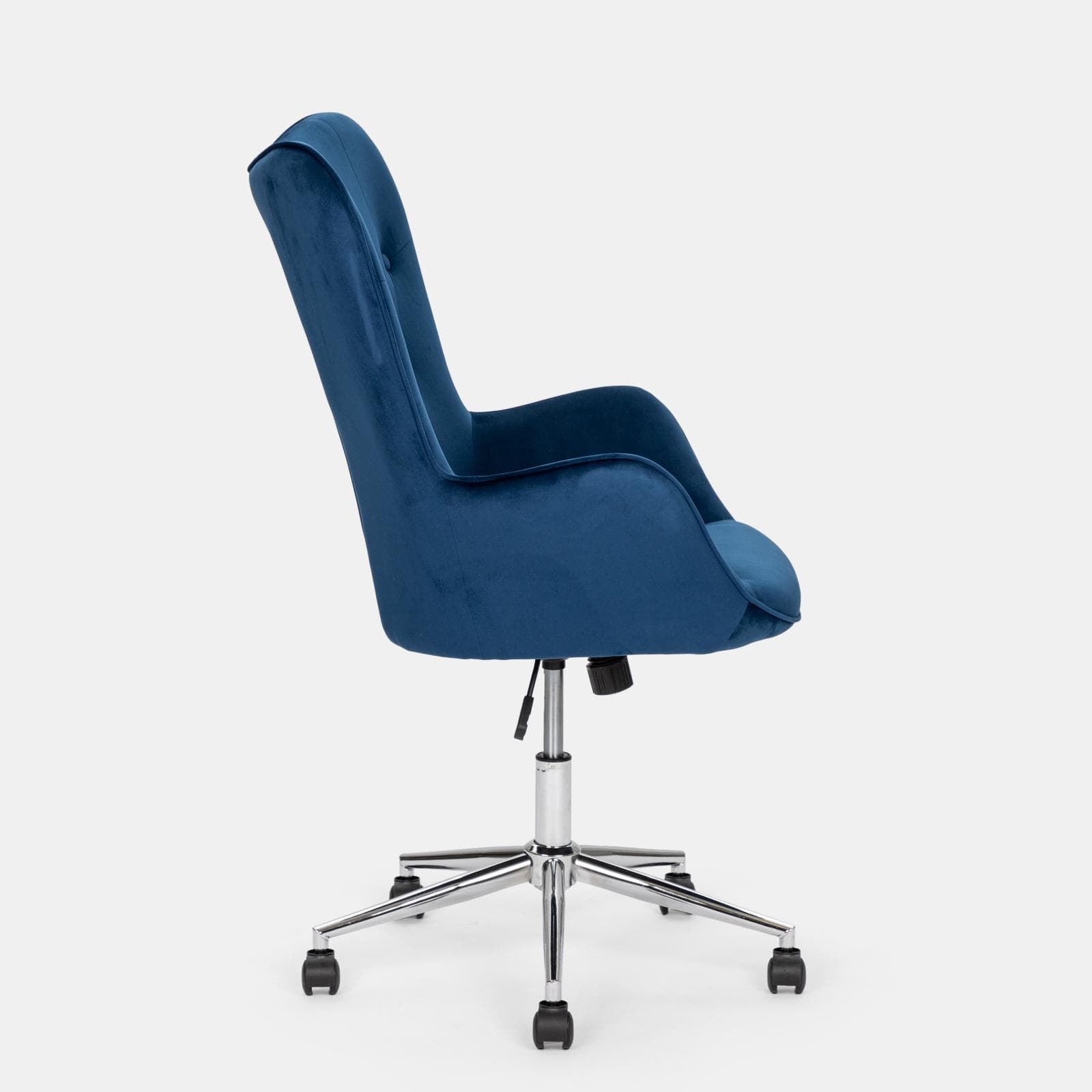 Poltrona da ufficio girevole imbottita in velluto trapuntato blu e base cromo - Sfinge Roller