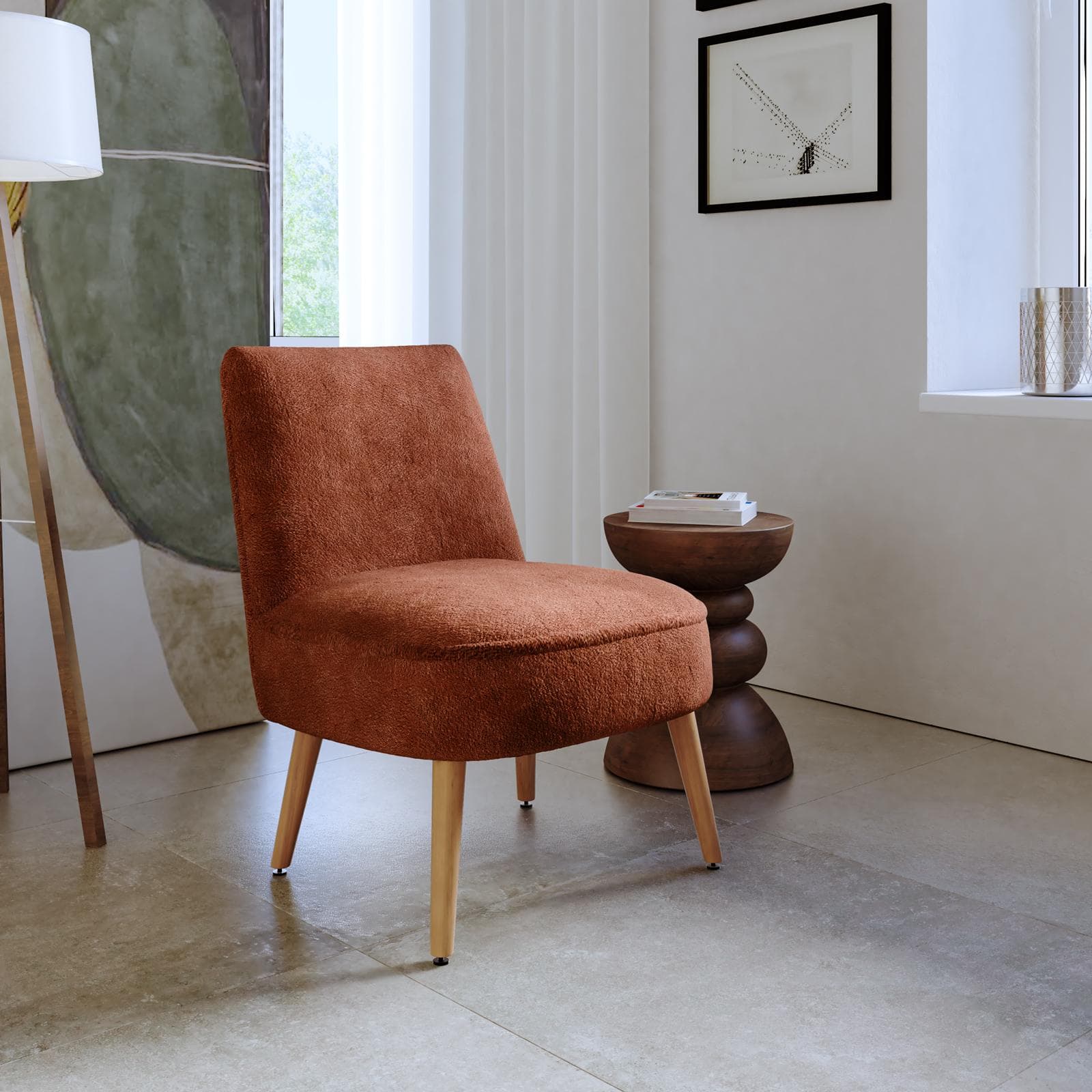Poltrona in bouclé terracotta con gambe in legno - Dirla