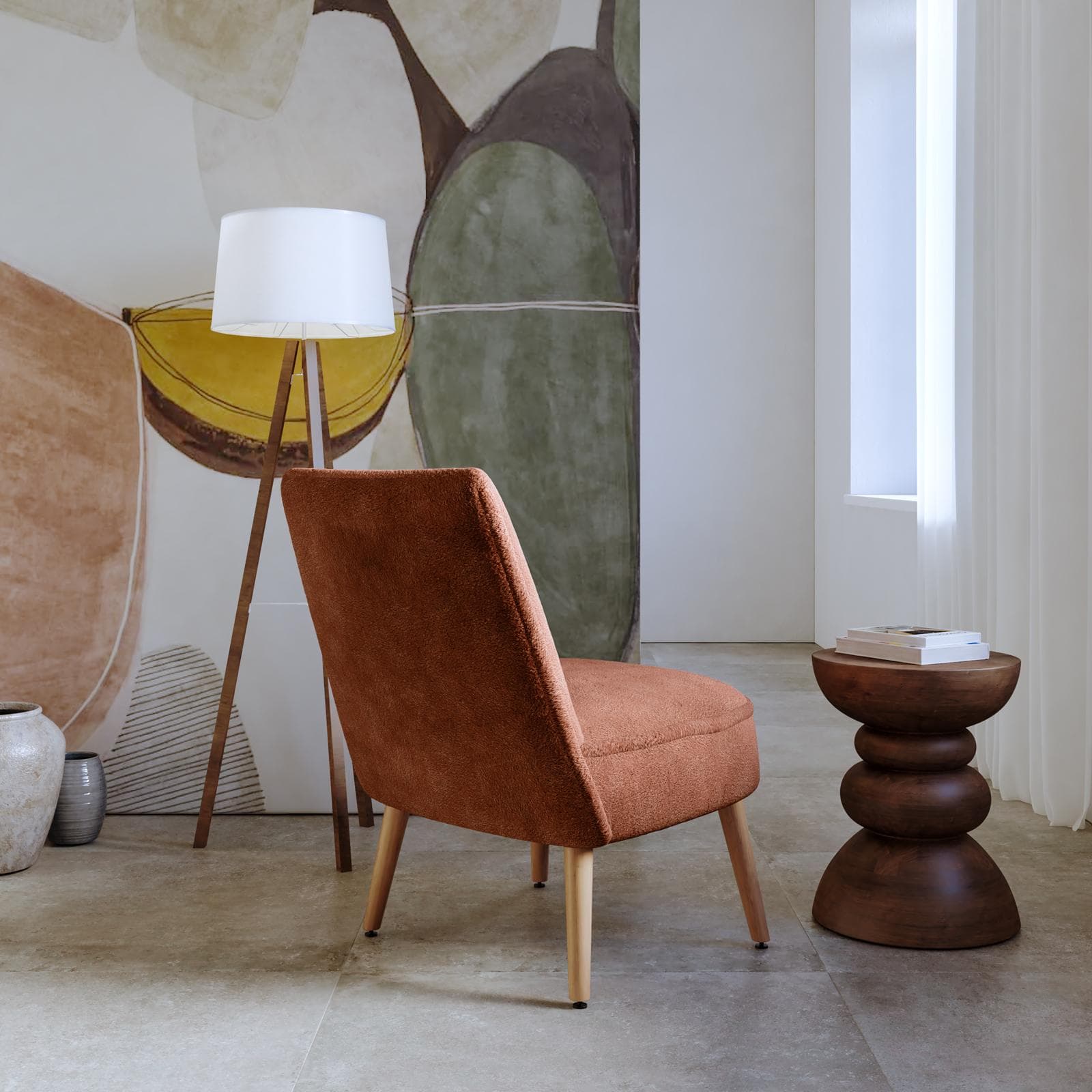 Poltrona in bouclé terracotta con gambe in legno - Dirla