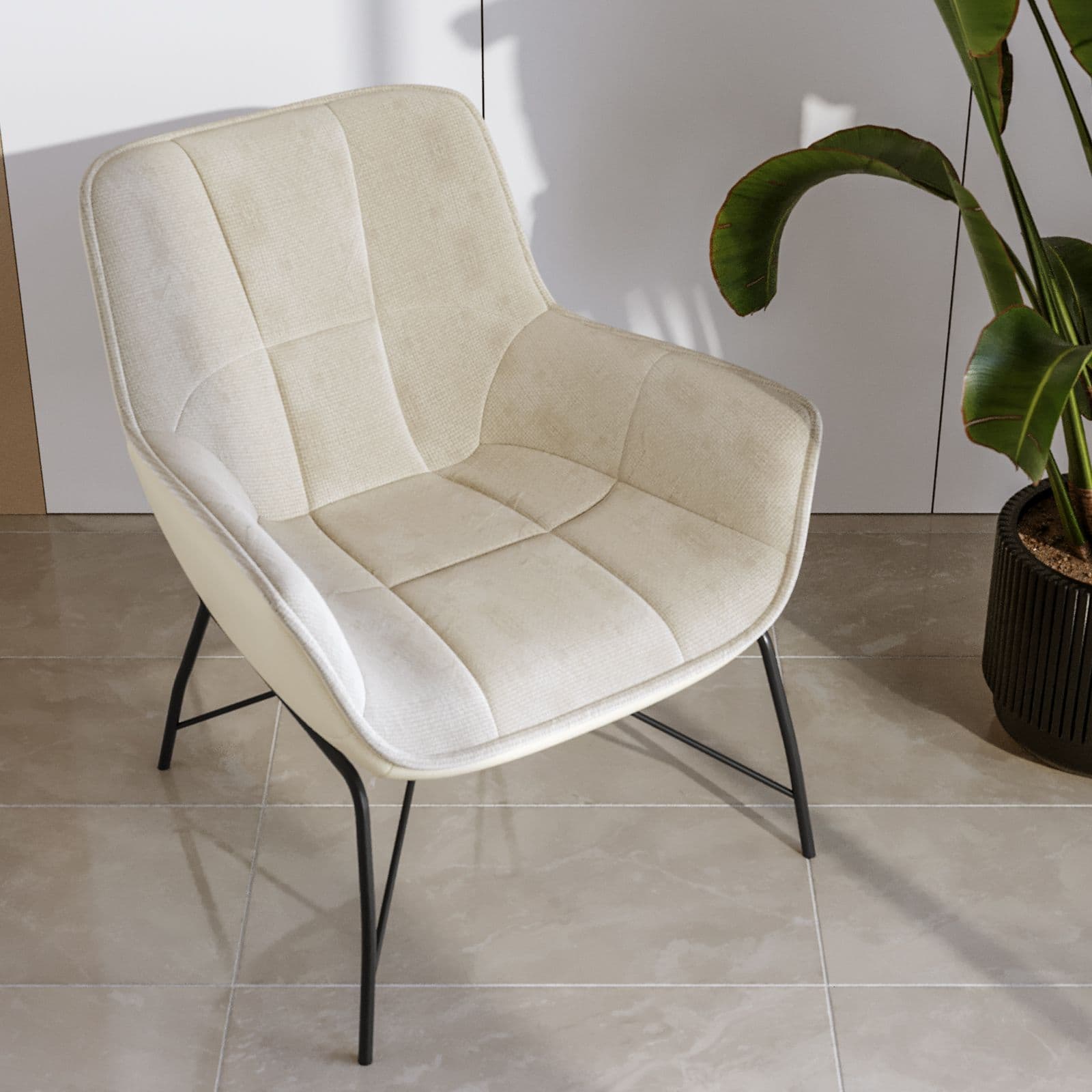 Poltrona in similpelle e tessuto ciniglia trapuntato beige con gambe in metallo nero - Candace