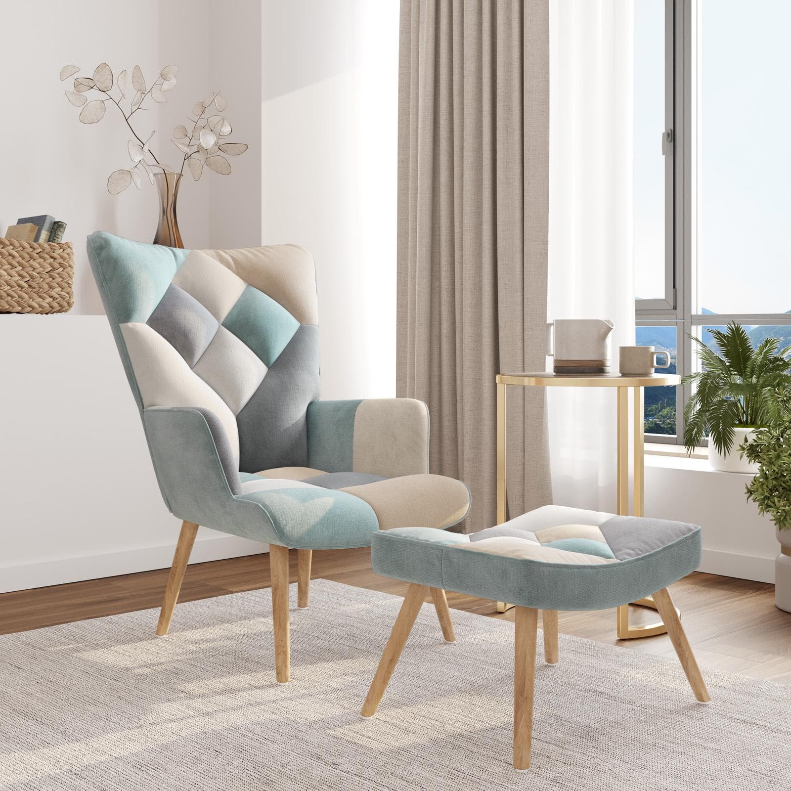 Poltrona scandinava in tessuto patchwork multicolor celeste con poggiapiedi - Copenaghen