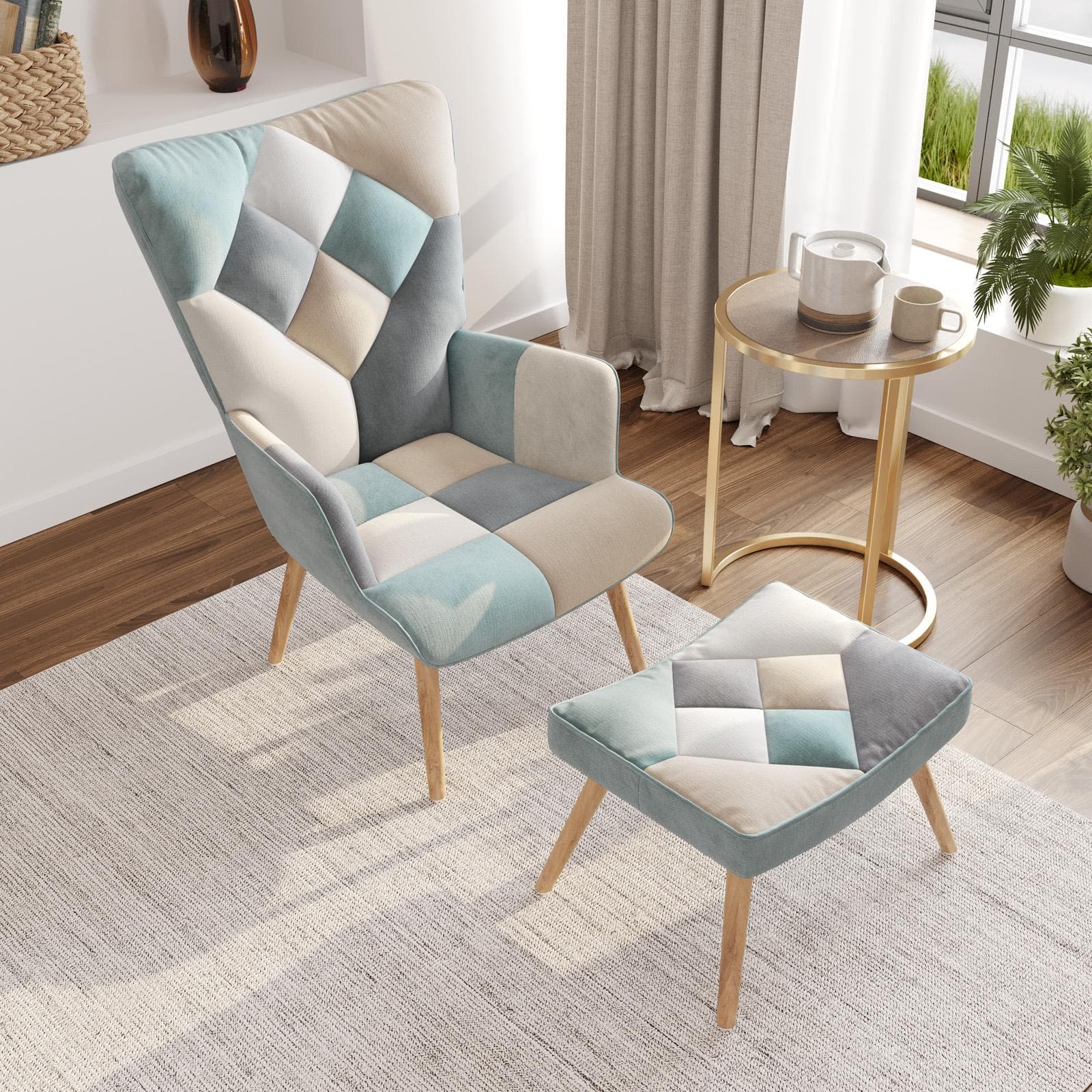 Poltrona scandinava in tessuto patchwork multicolor celeste con poggiapiedi - Copenaghen