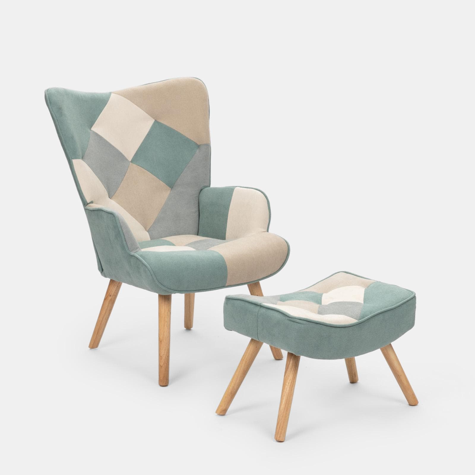 Poltrona scandinava in tessuto patchwork multicolor celeste con poggiapiedi - Copenaghen
