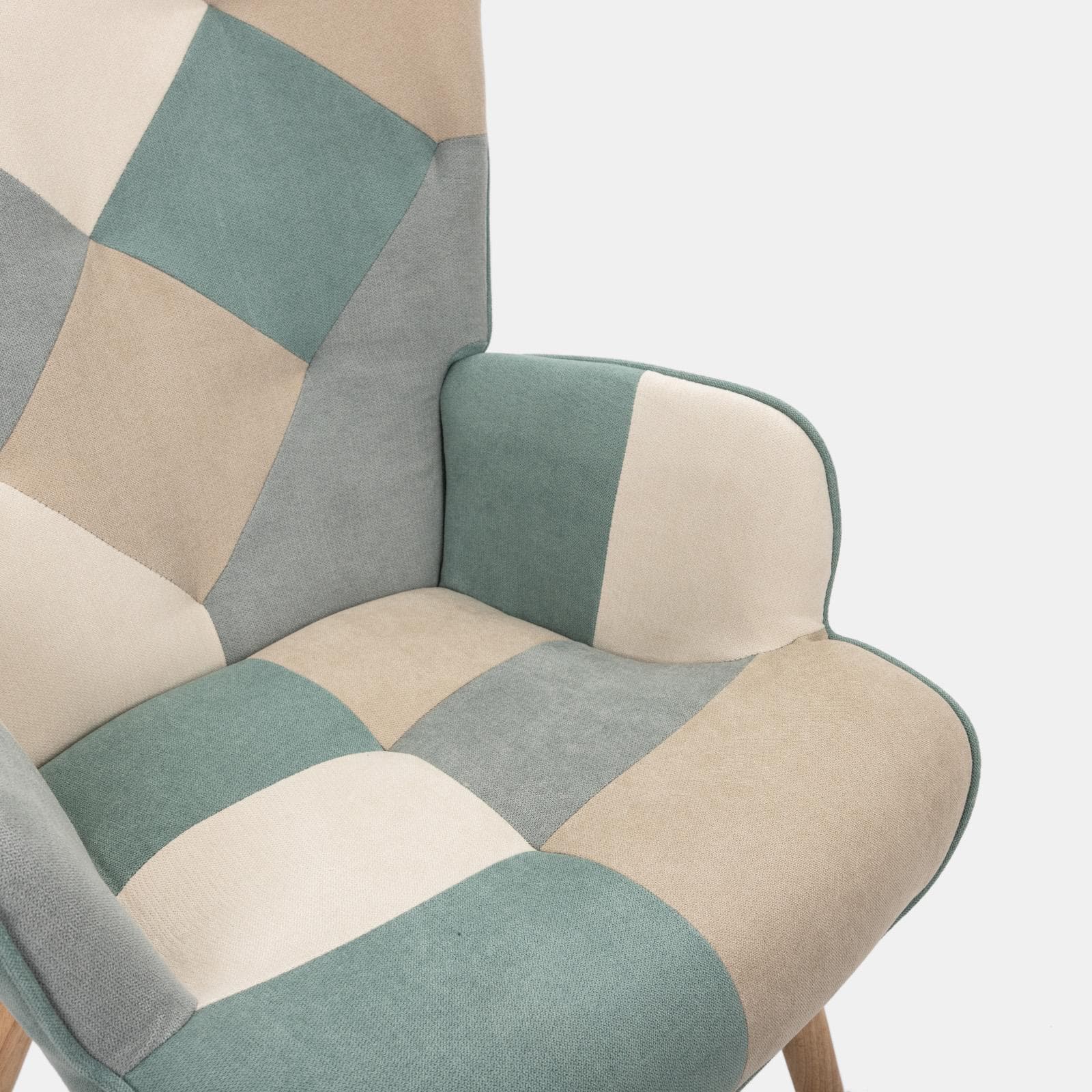 Poltrona scandinava in tessuto patchwork multicolor celeste con poggiapiedi - Copenaghen