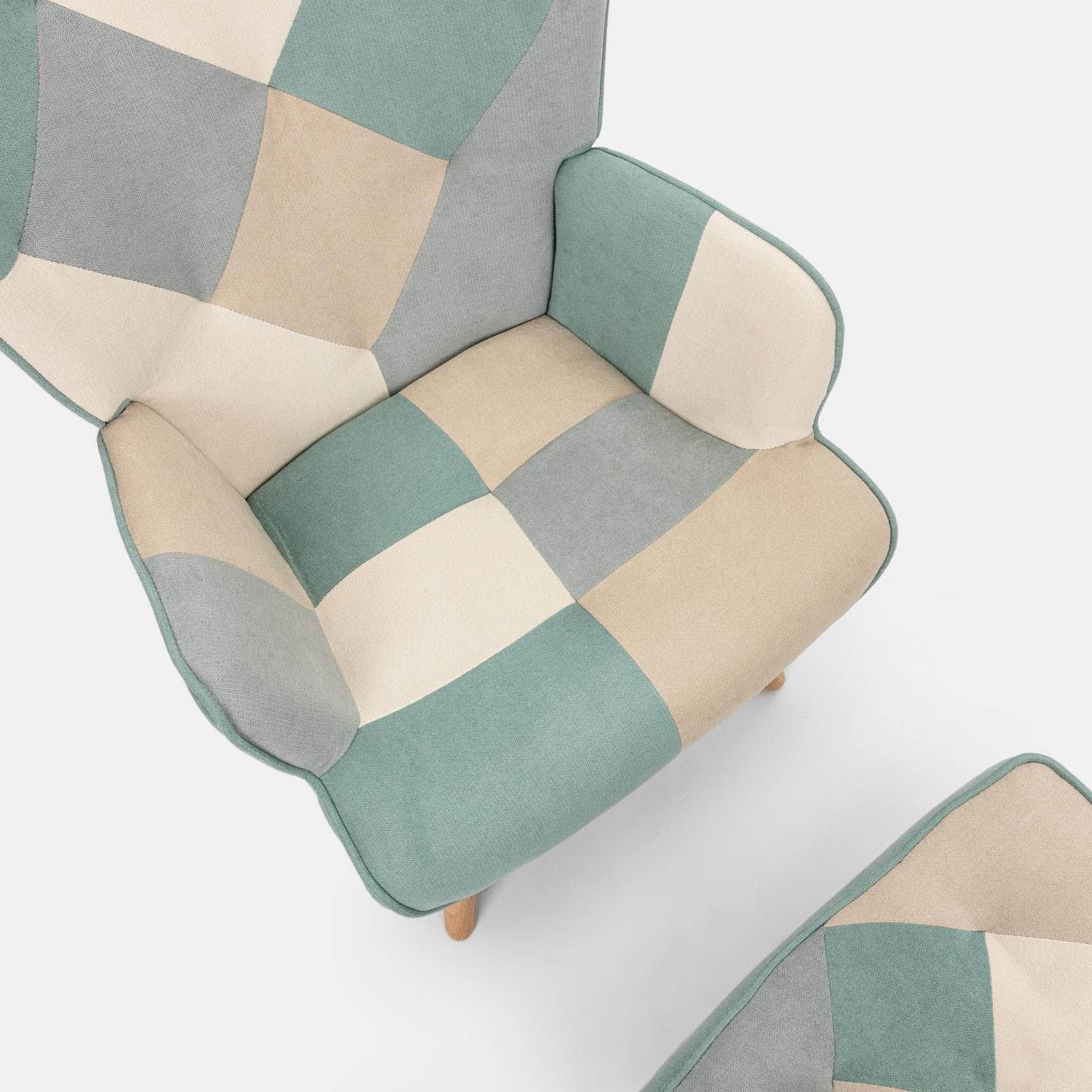 Poltrona scandinava in tessuto patchwork multicolor celeste con poggiapiedi - Copenaghen