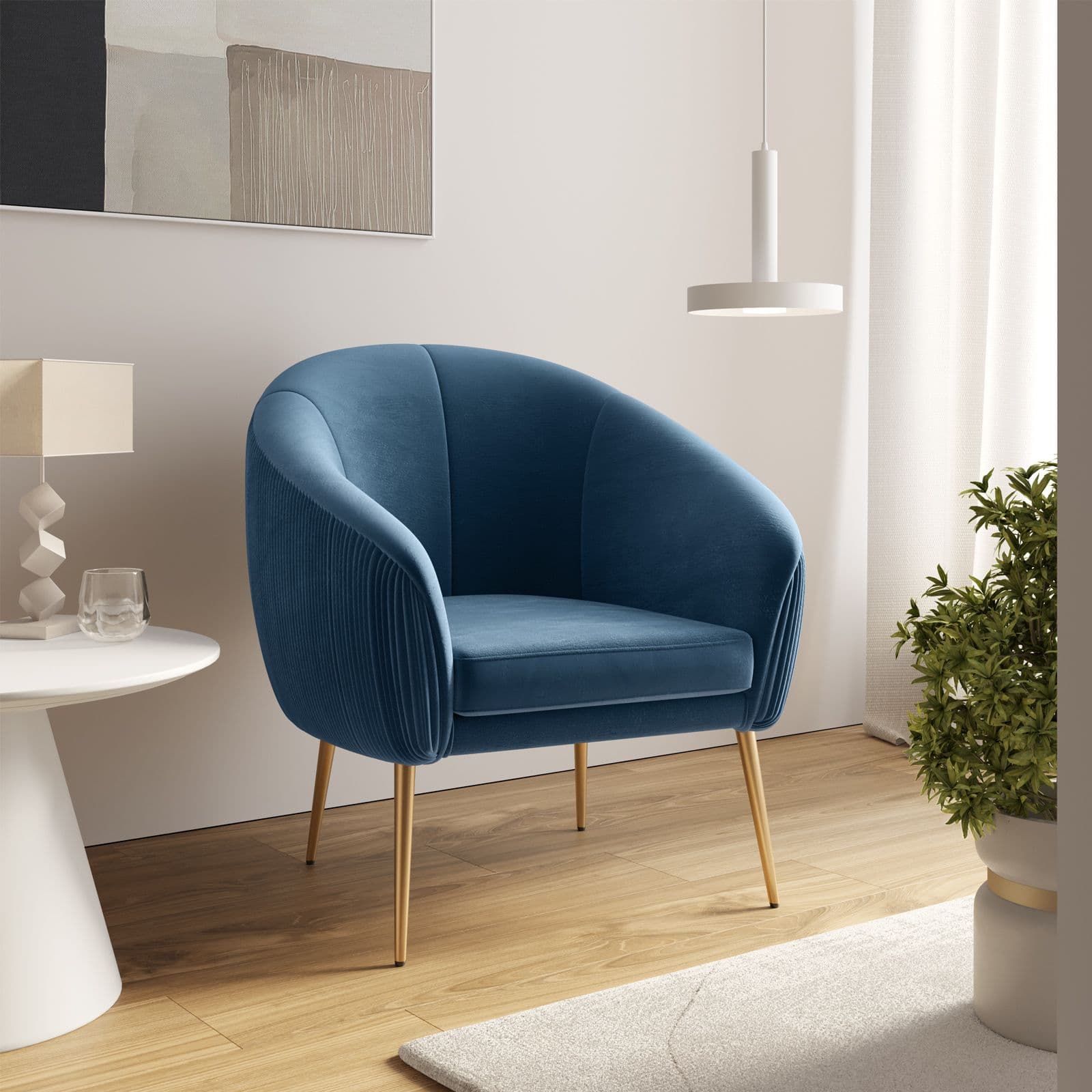 Poltrona design moderno in velluto blu petrolio e gambe oro - Malcom