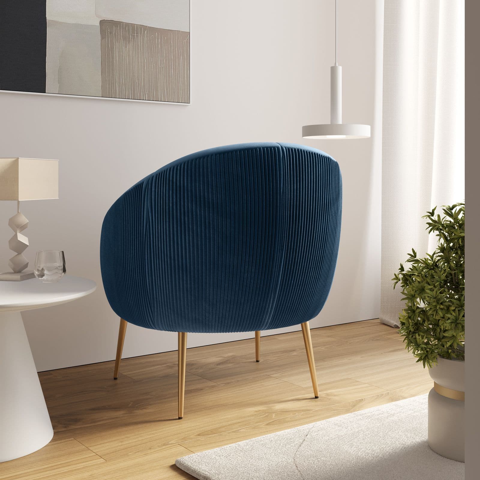 Poltrona design moderno in velluto blu petrolio e gambe oro - Malcom
