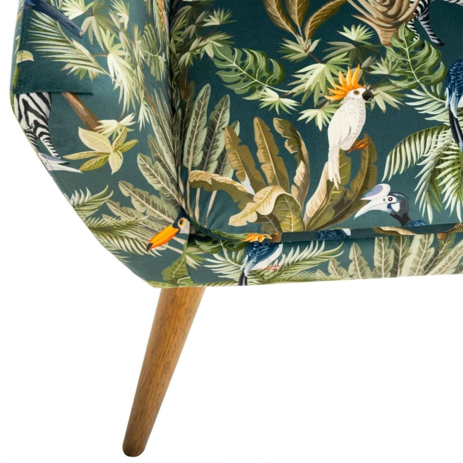 Poltrona in velluto motivo tropicale verde con gambe in legno di hevea - Guyana