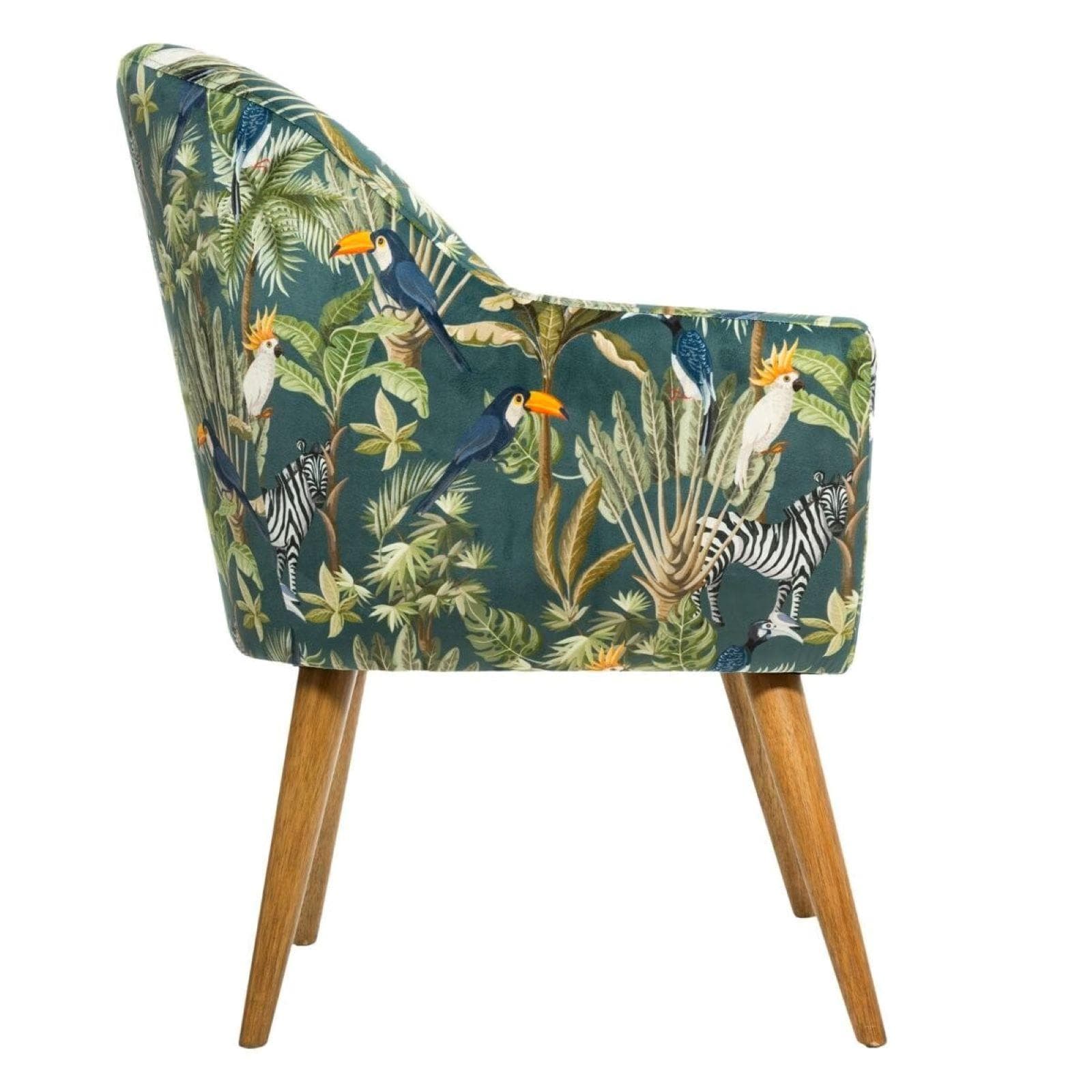 Poltrona in velluto motivo tropicale verde con gambe in legno di hevea - Guyana