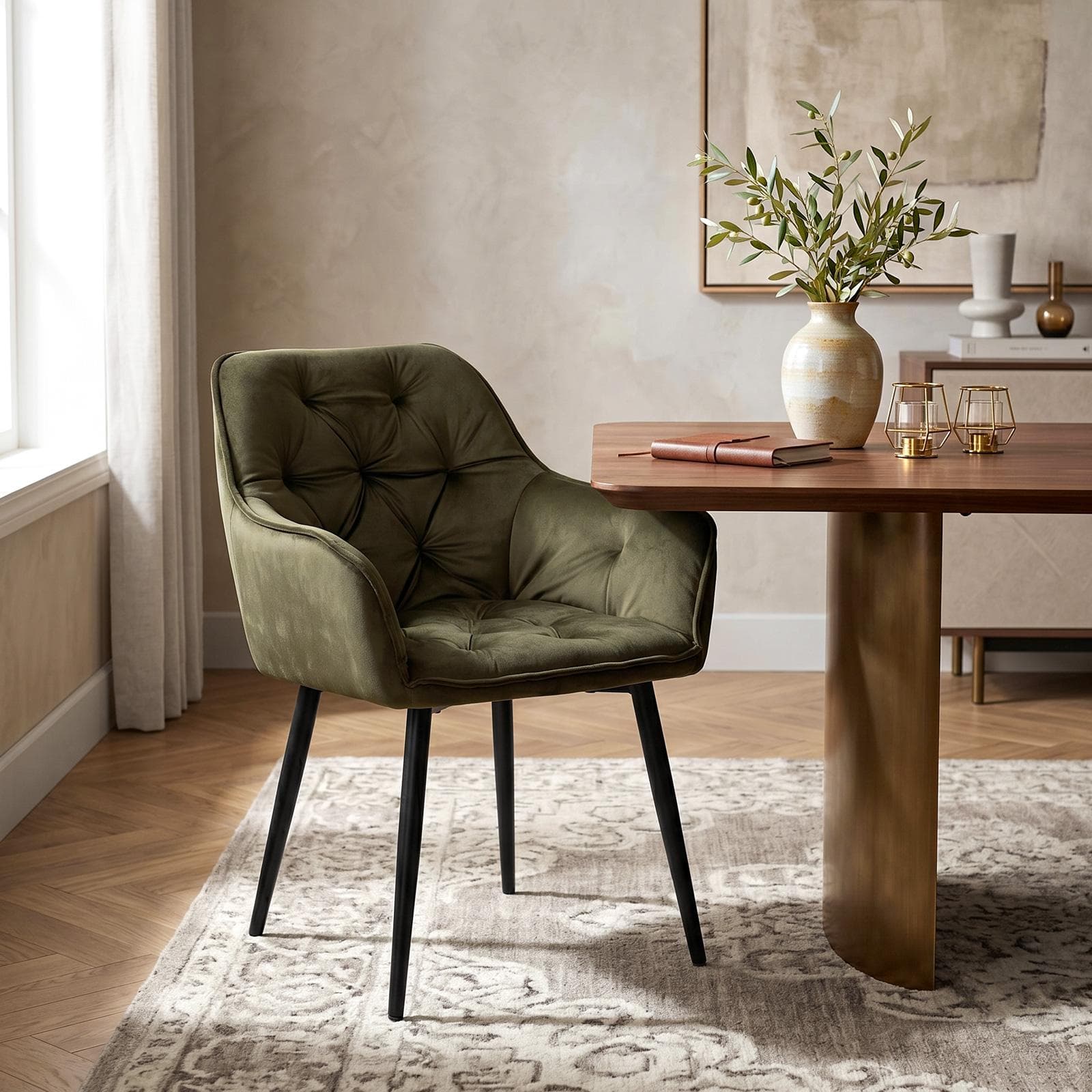 Poltrona in velluto trapuntato verde scuro con gambe in metallo nero - Sulis