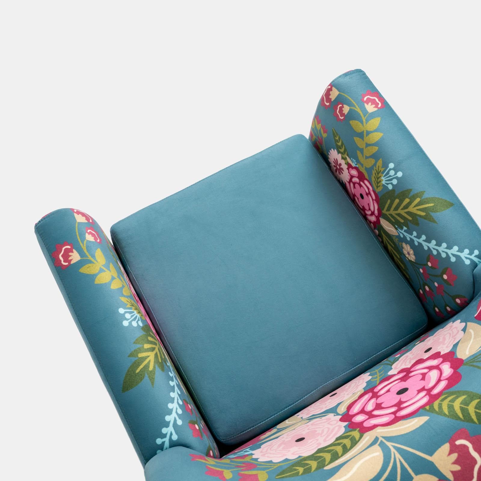 Poltrona in velluto turchese con fantasia floreale multicolore e gambe nere - Isadora
