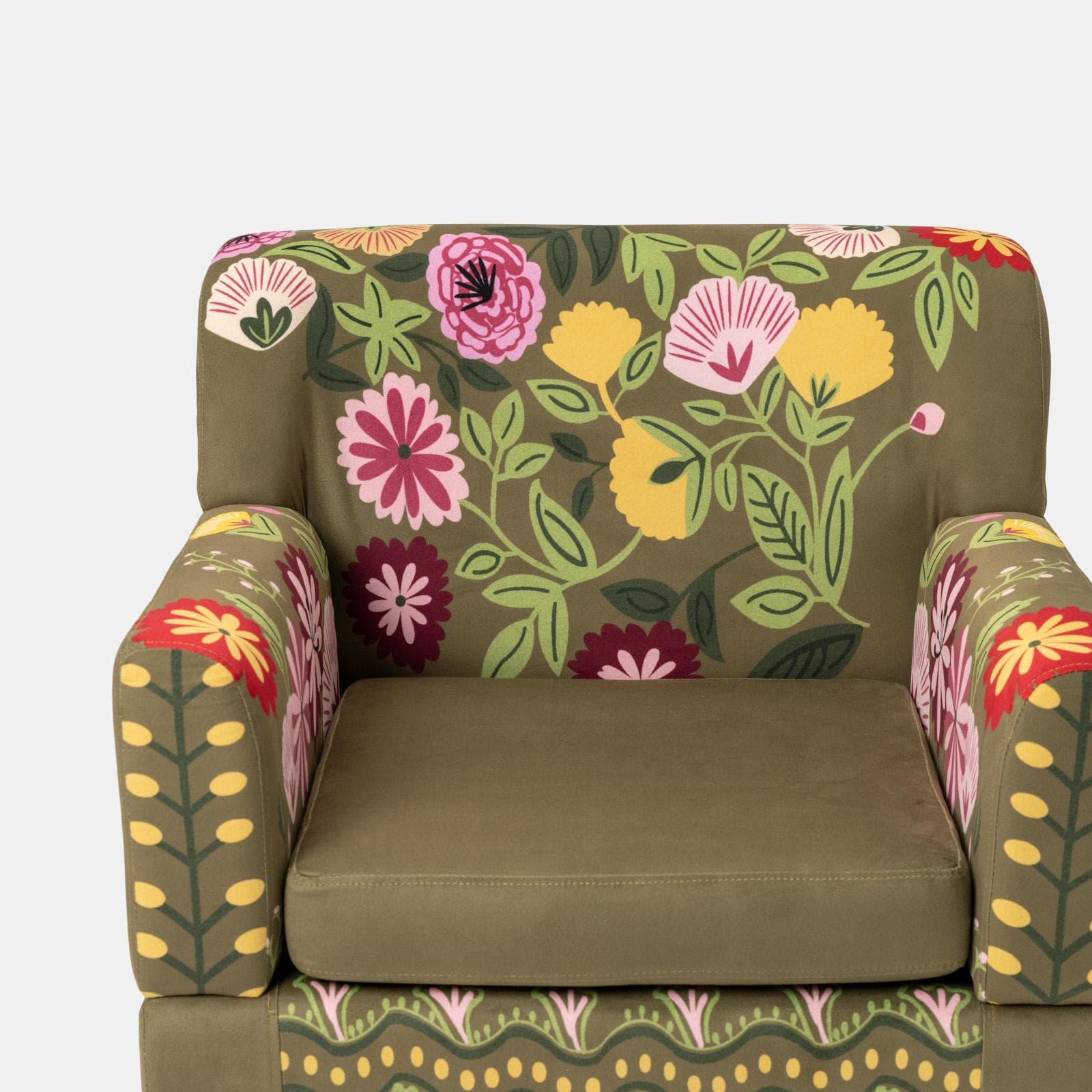 Poltrona in velluto verde con fantasia floreale multicolore e gambe nere - Isadora