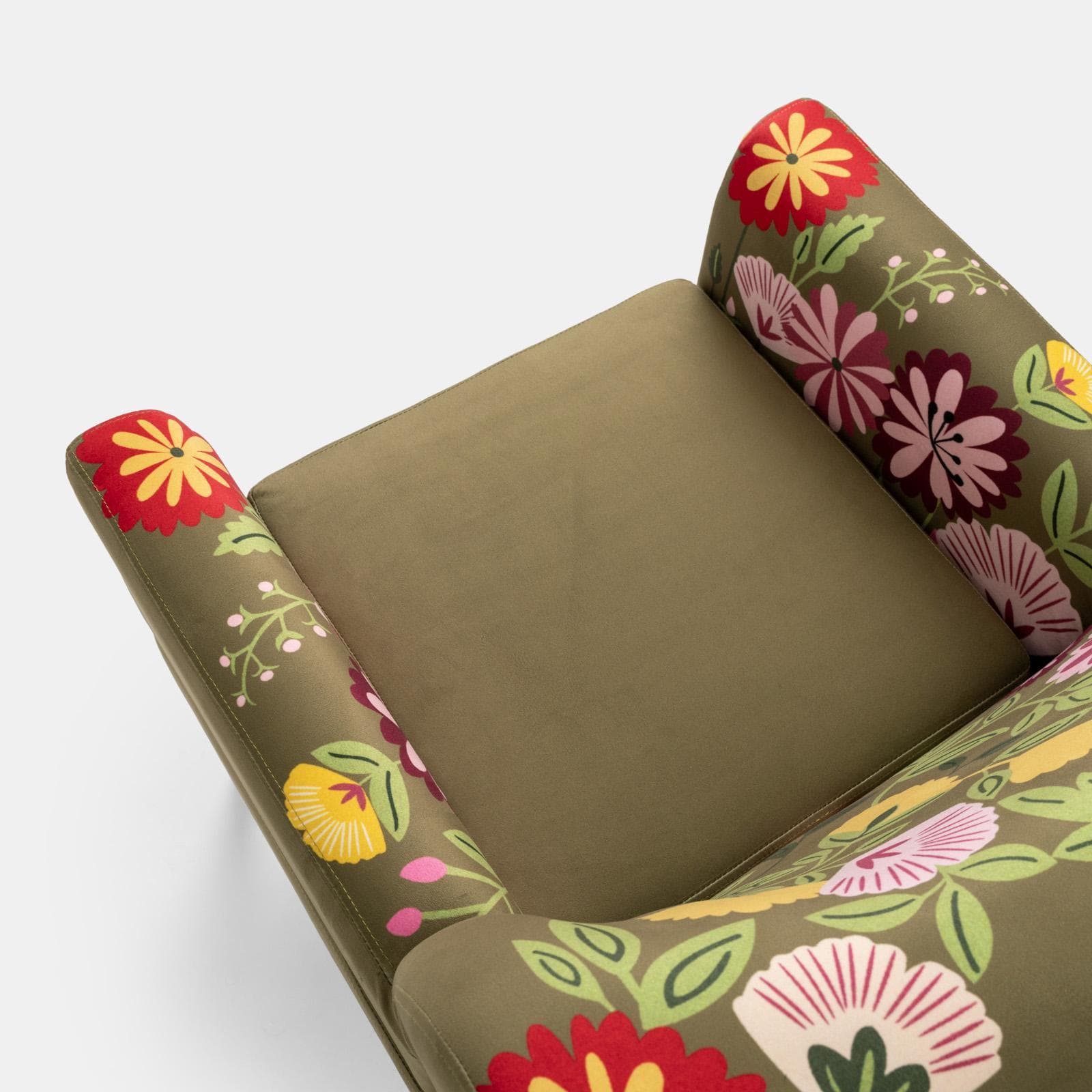 Poltrona in velluto verde con fantasia floreale multicolore e gambe nere - Isadora