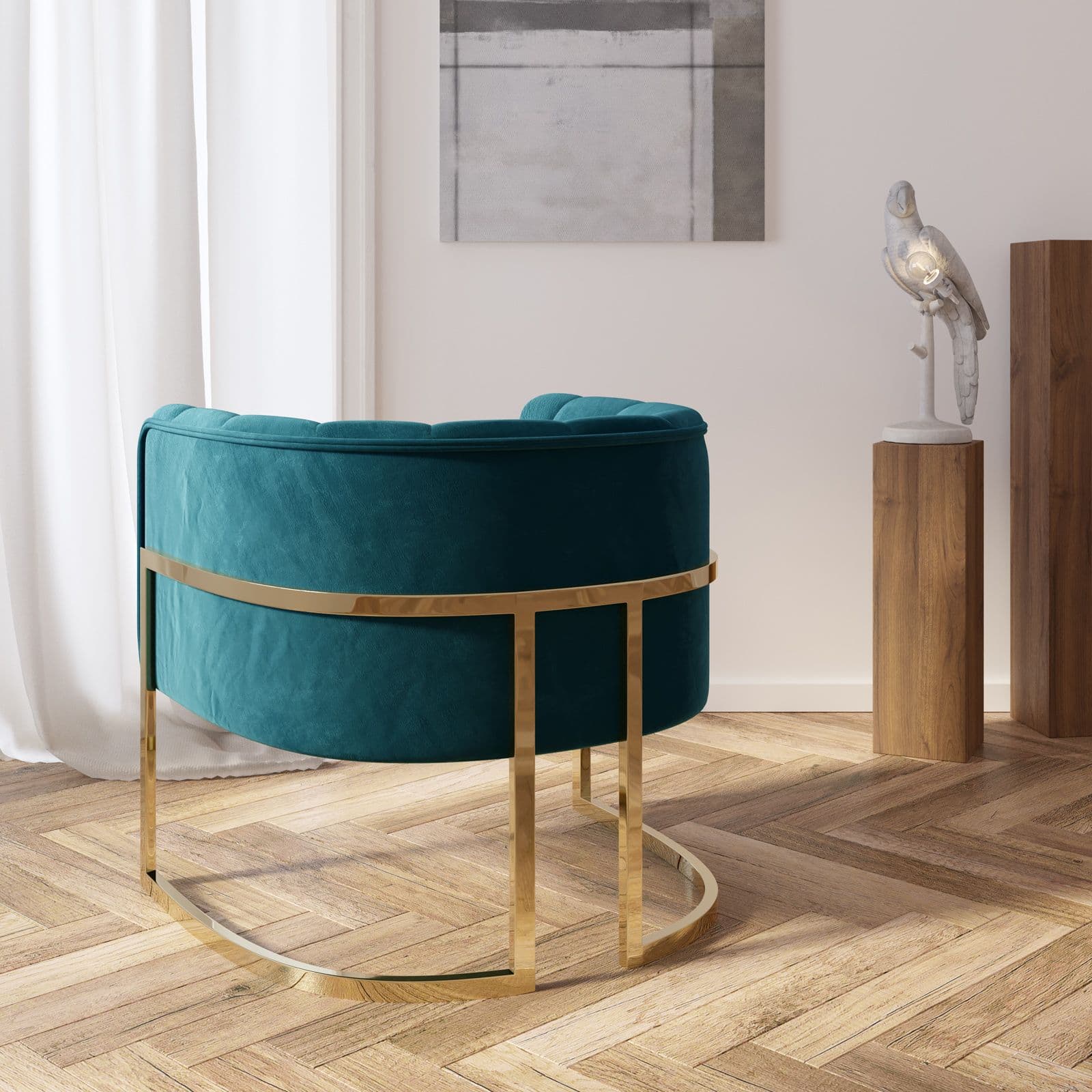 Poltrona in velluto verde felce con gambe oro - Declan