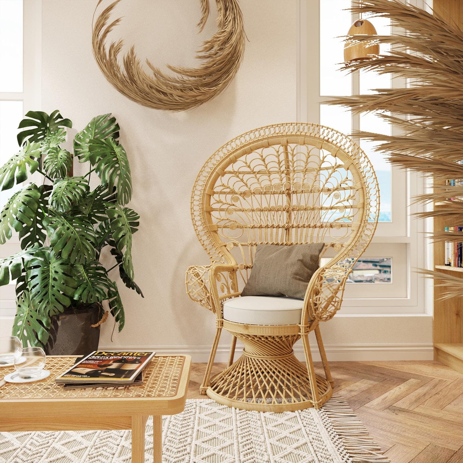 Poltrona pavone in rattan naturale con cuscino - Matra