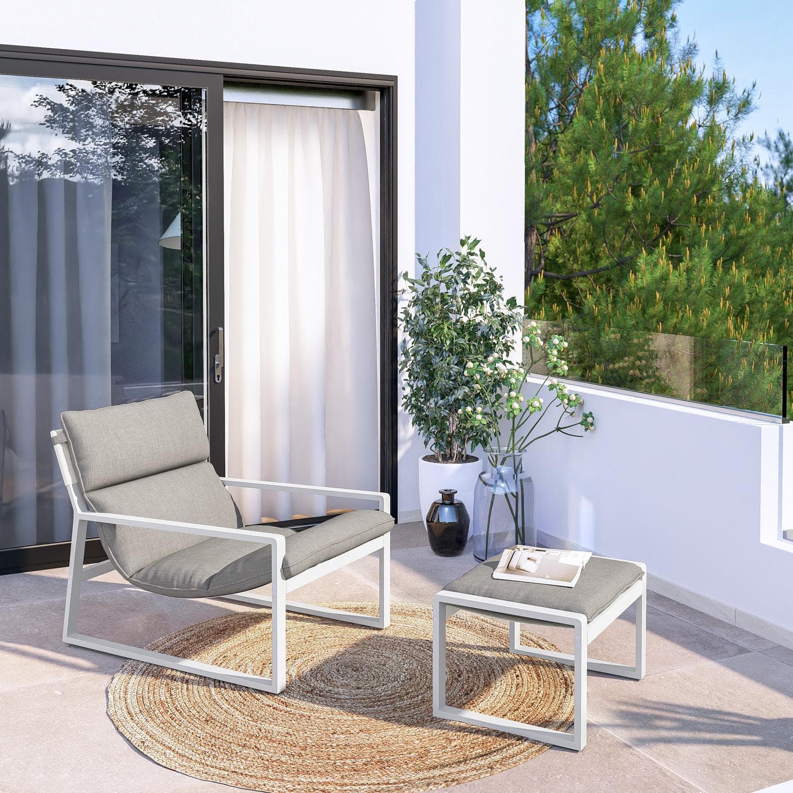 PHUKET POLTRONA RELAX C/ POGGIAPIEDI ALLUMINIO BIANCO C/ CUSCINO TORTORA *CANVASSPRE-200*