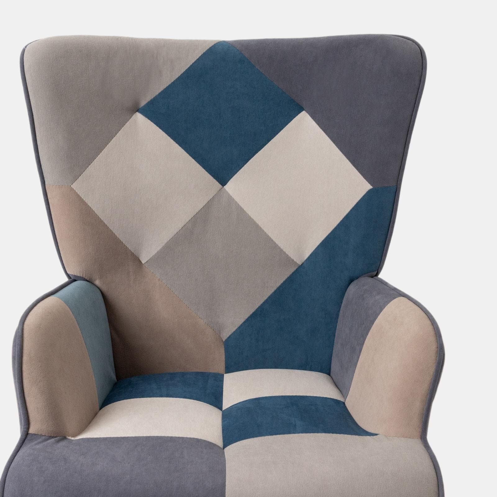 Poltrona scandinava in tessuto patchwork multicolor blu con schienale alto - Copenaghen