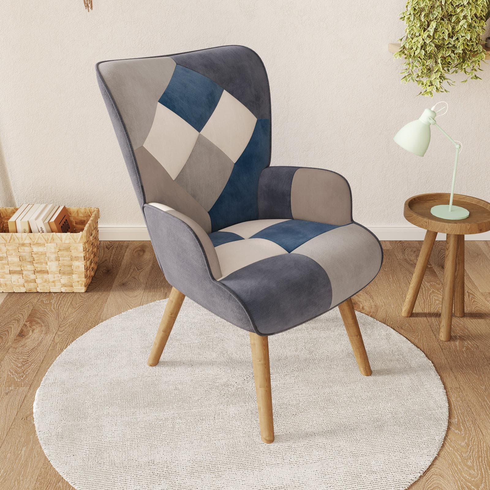 Poltrona scandinava in tessuto patchwork multicolor blu con schienale alto - Copenaghen