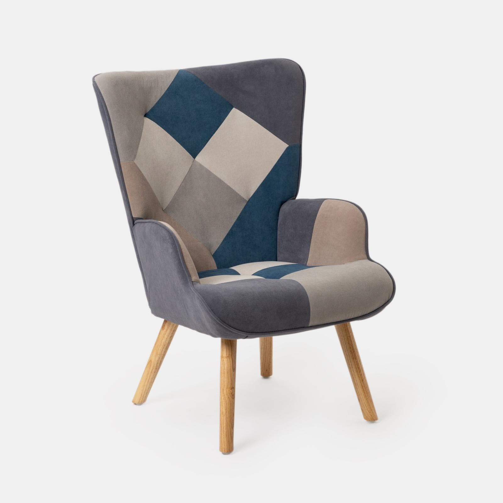 Poltrona scandinava in tessuto patchwork multicolor blu con schienale alto - Copenaghen