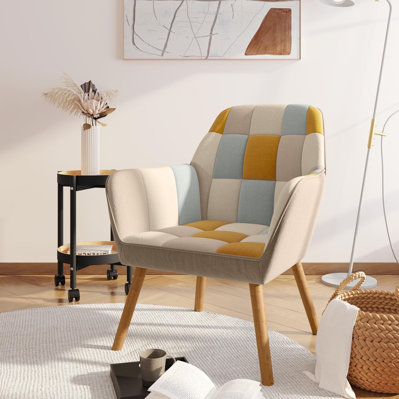 Poltrona scandinava in tessuto patchwork multicolor giallo con schienale avvolgente - Copenaghen