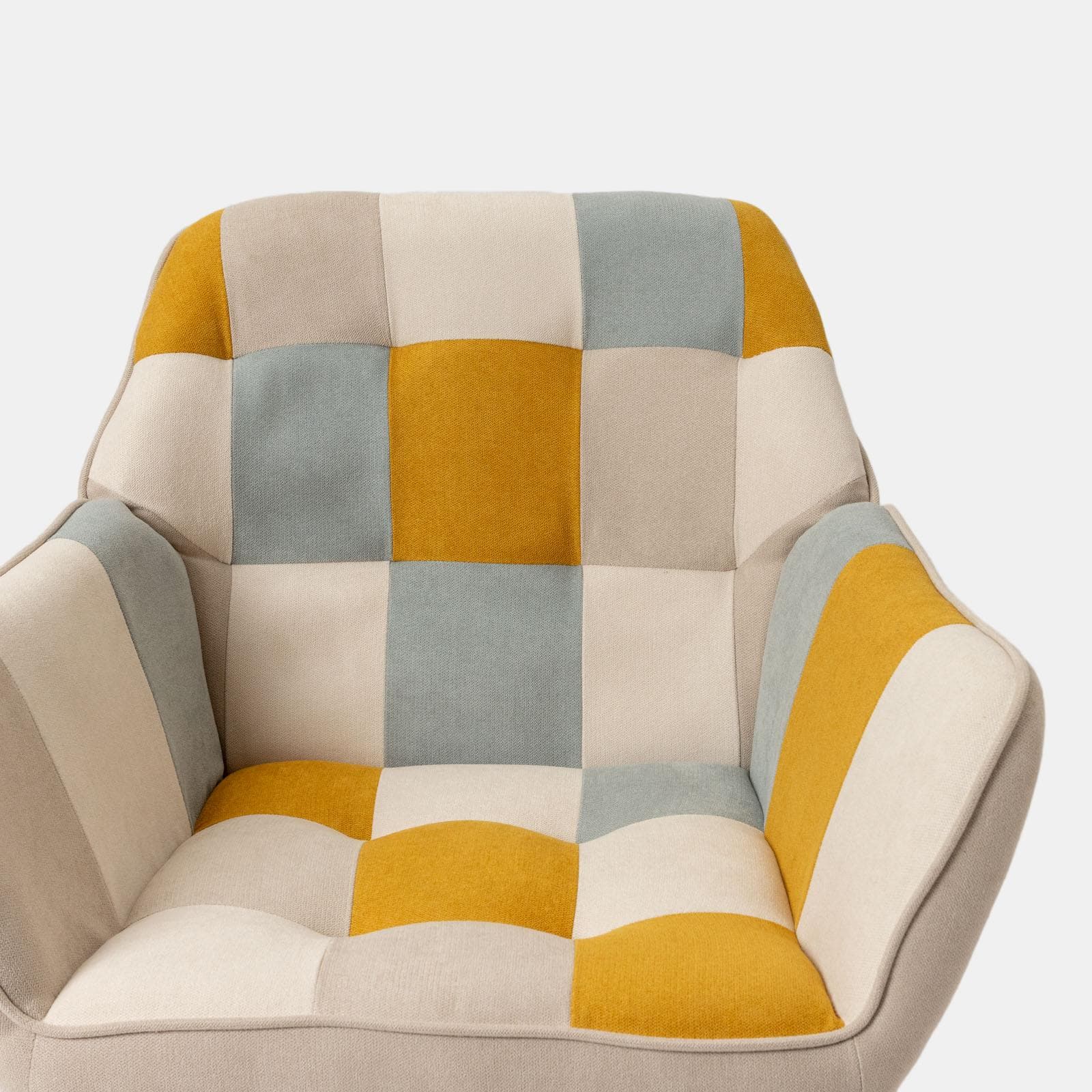 Poltrona scandinava in tessuto patchwork multicolor giallo con schienale avvolgente - Copenaghen