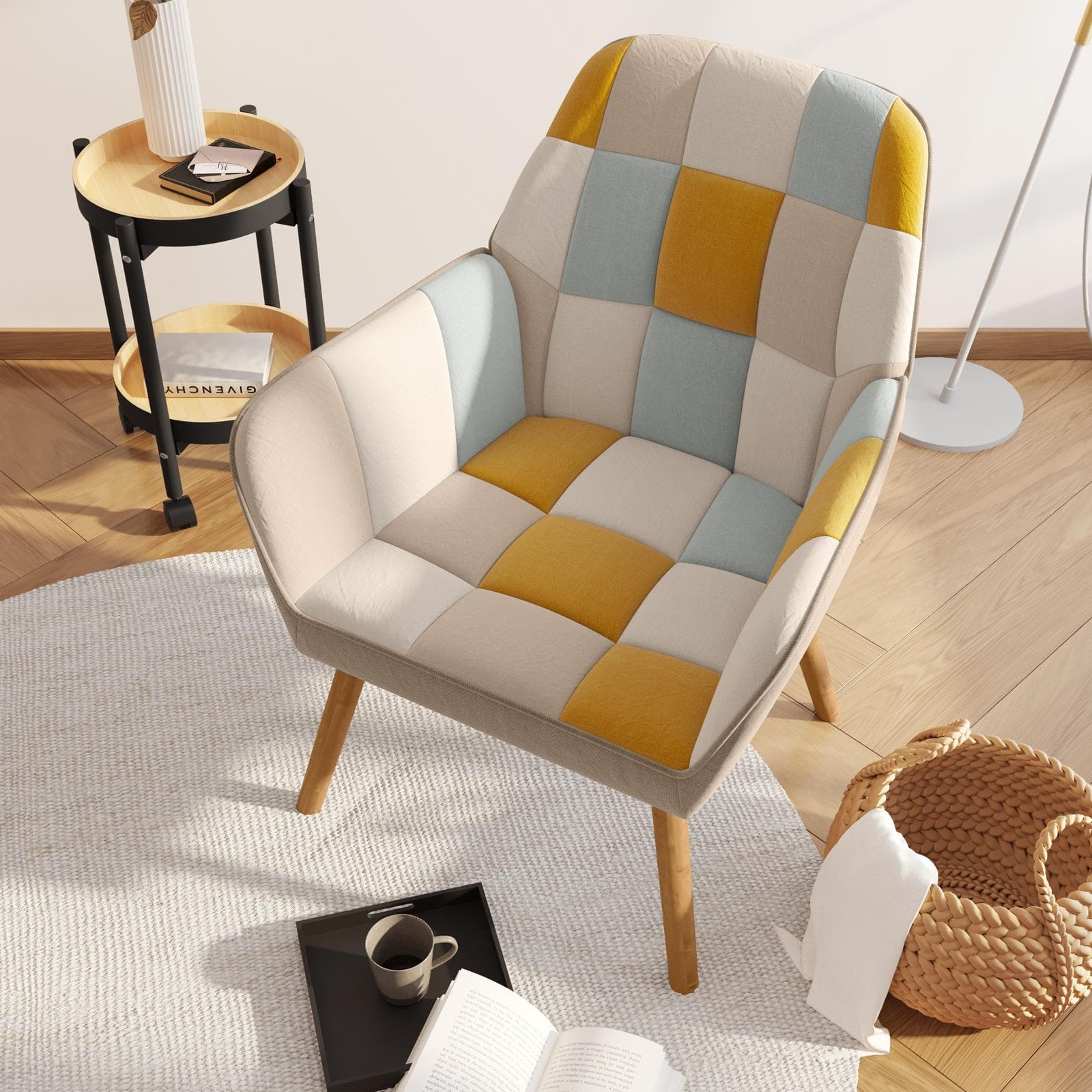 Poltrona scandinava in tessuto patchwork multicolor giallo con schienale avvolgente - Copenaghen