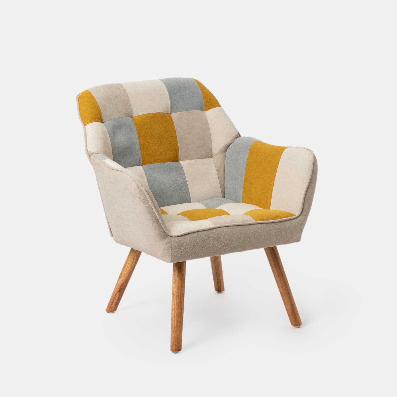 Poltrona scandinava in tessuto patchwork multicolor giallo con schienale avvolgente - Copenaghen