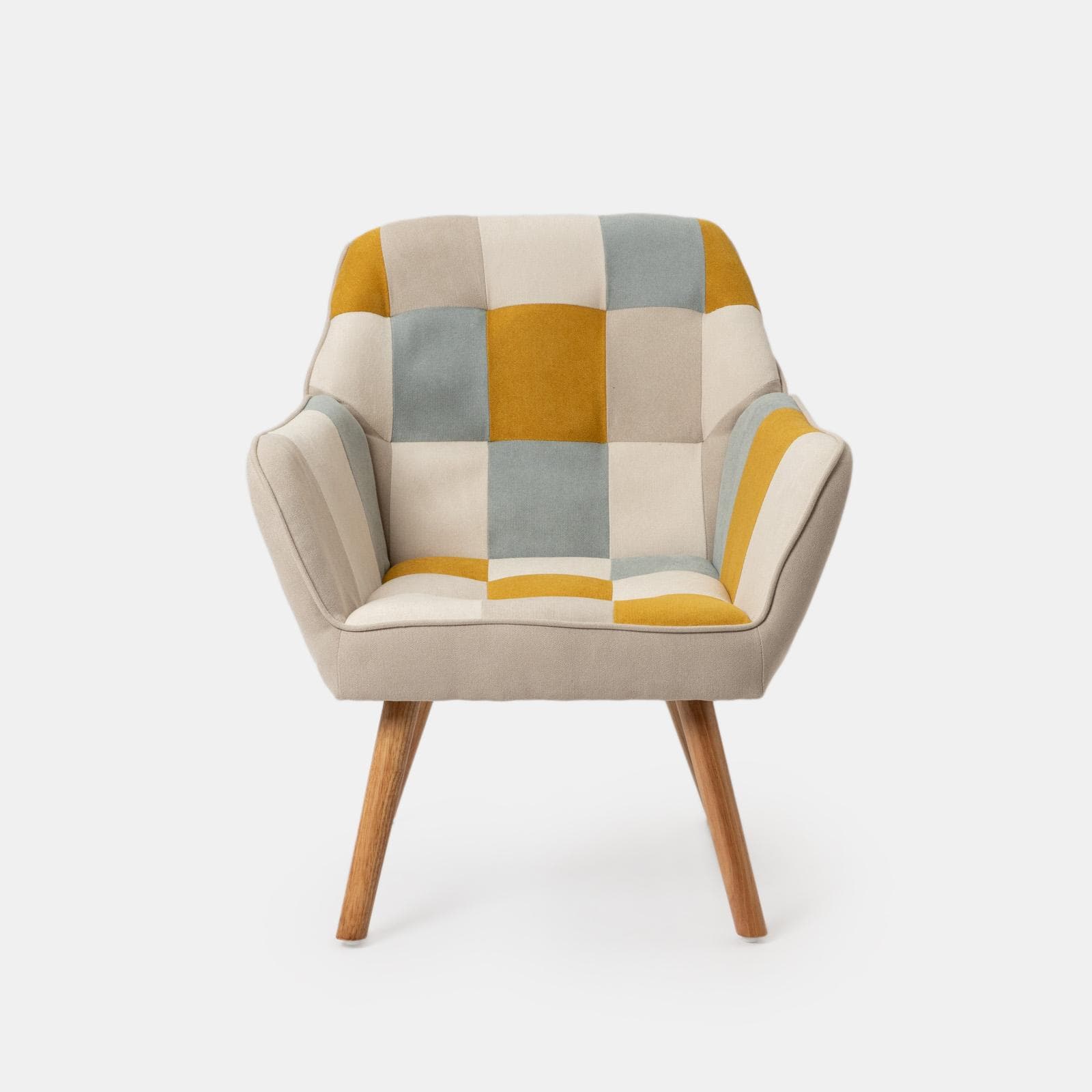 Poltrona scandinava in tessuto patchwork multicolor giallo con schienale avvolgente - Copenaghen