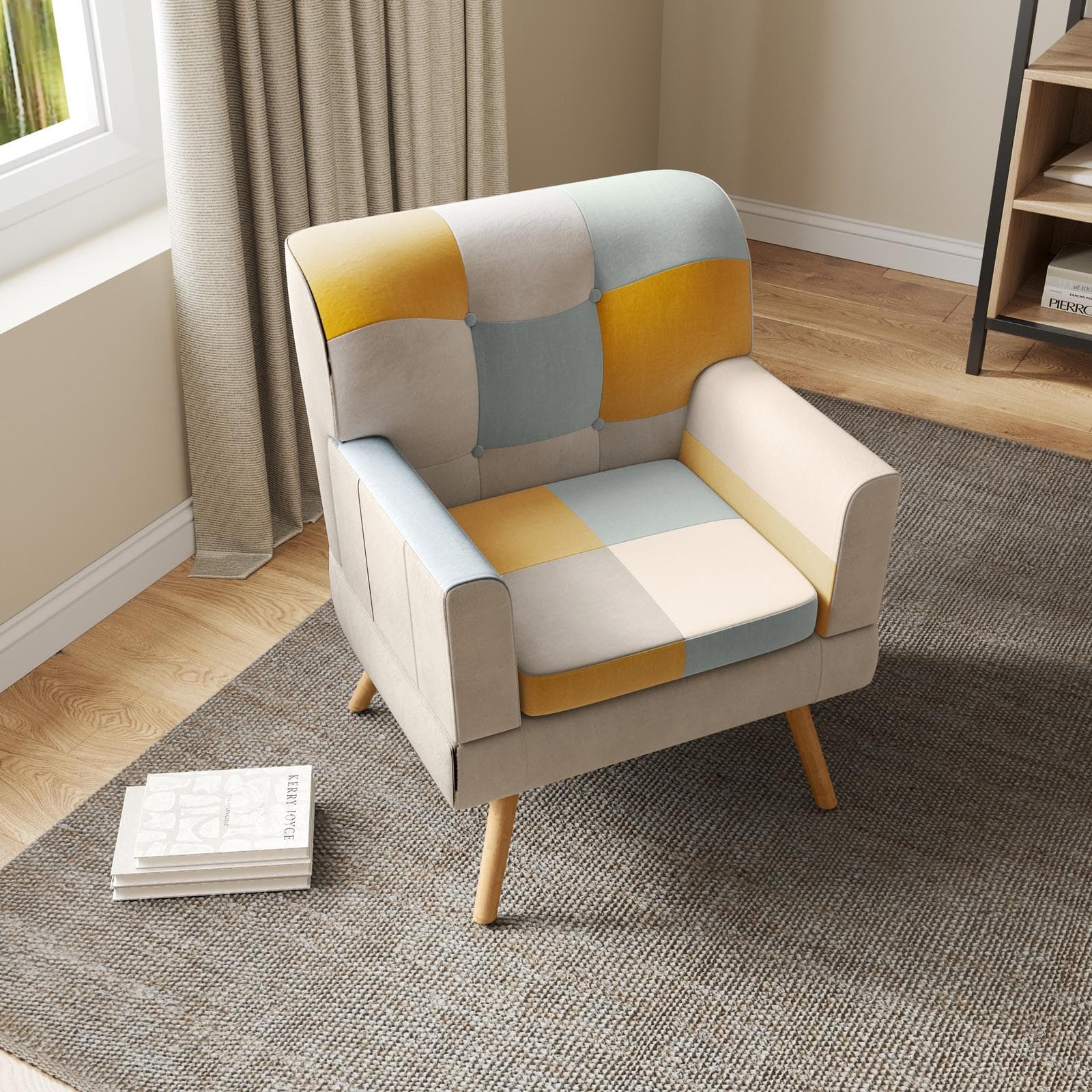 Poltrona scandinava in tessuto patchwork multicolor giallo e gambe in legno - Copenaghen