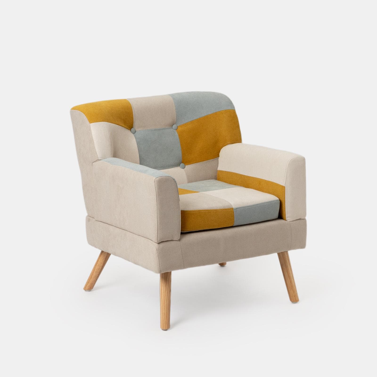 Poltrona scandinava in tessuto patchwork multicolor giallo e gambe in legno - Copenaghen