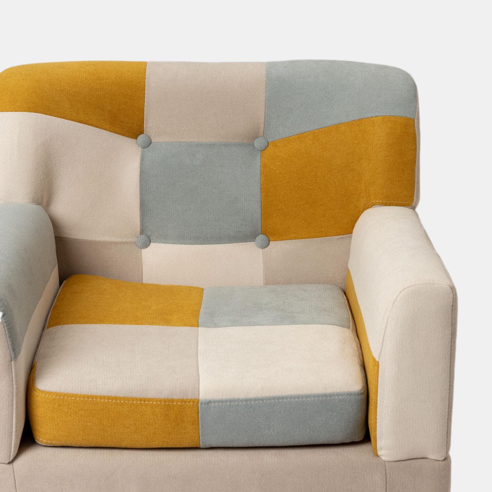 Poltrona scandinava in tessuto patchwork multicolor giallo e gambe in legno - Copenaghen