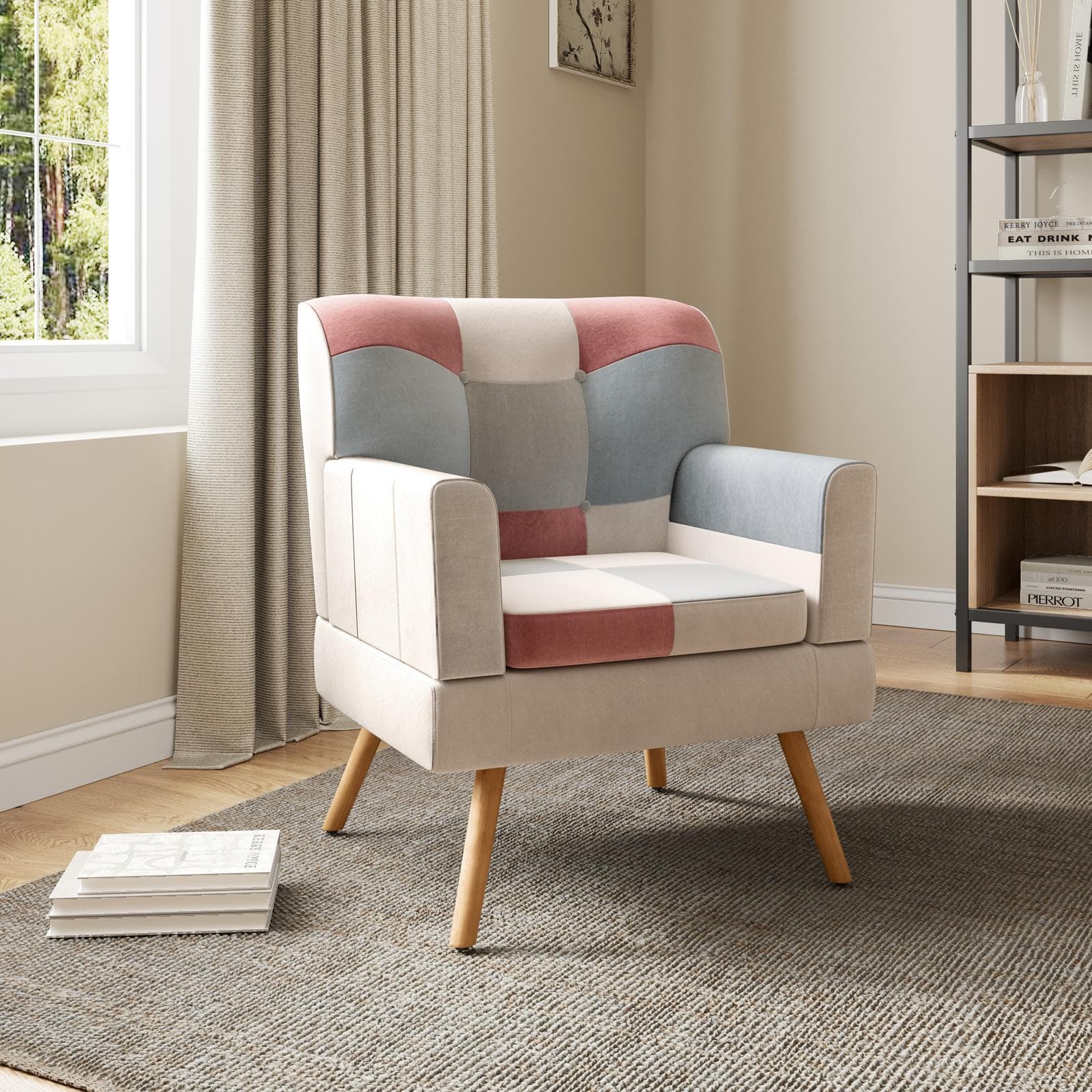 Poltrona scandinava in tessuto patchwork multicolor rosa e gambe in legno - Copenaghen