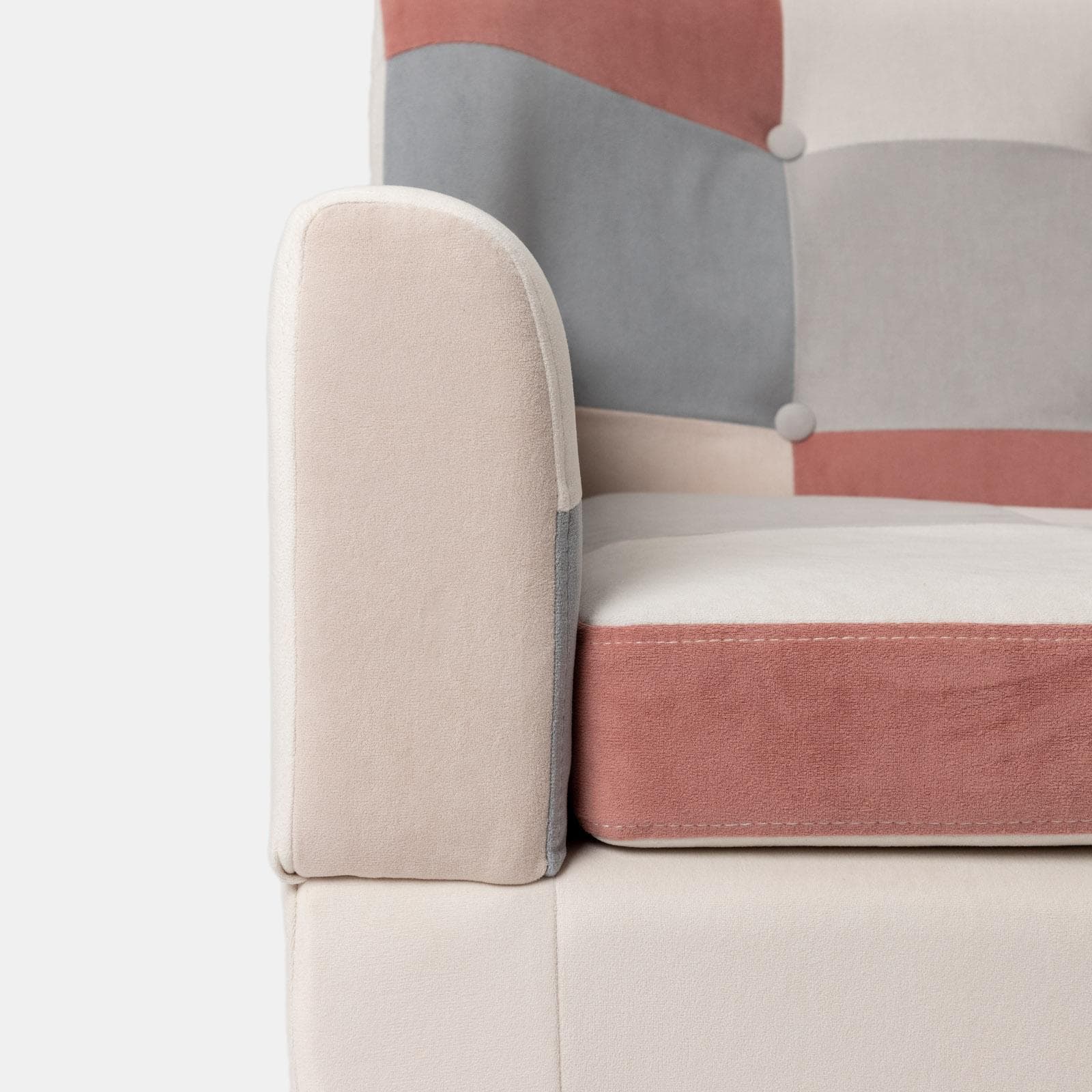 Poltrona scandinava in tessuto patchwork multicolor rosa e gambe in legno - Copenaghen
