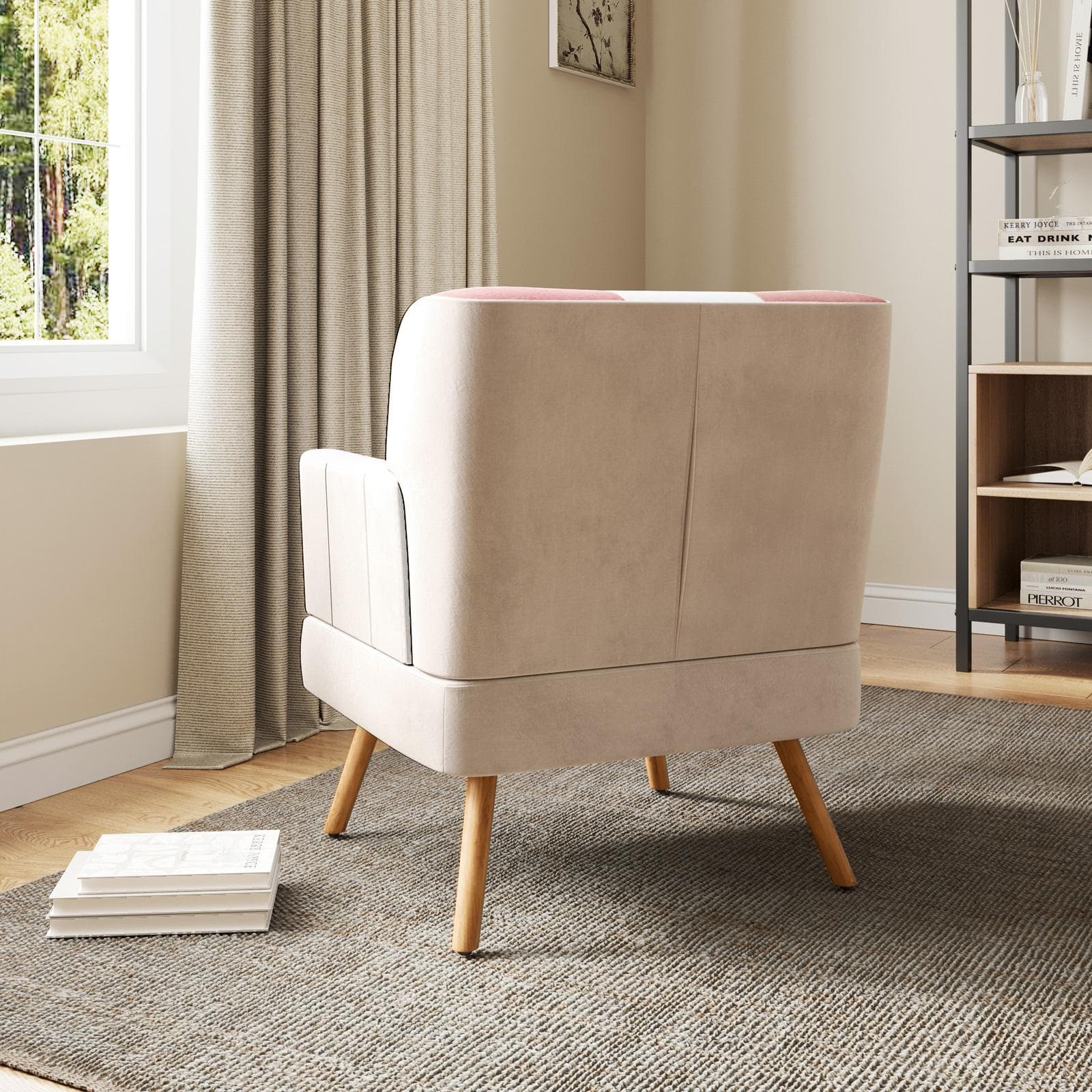 Poltrona scandinava in tessuto patchwork multicolor rosa e gambe in legno - Copenaghen