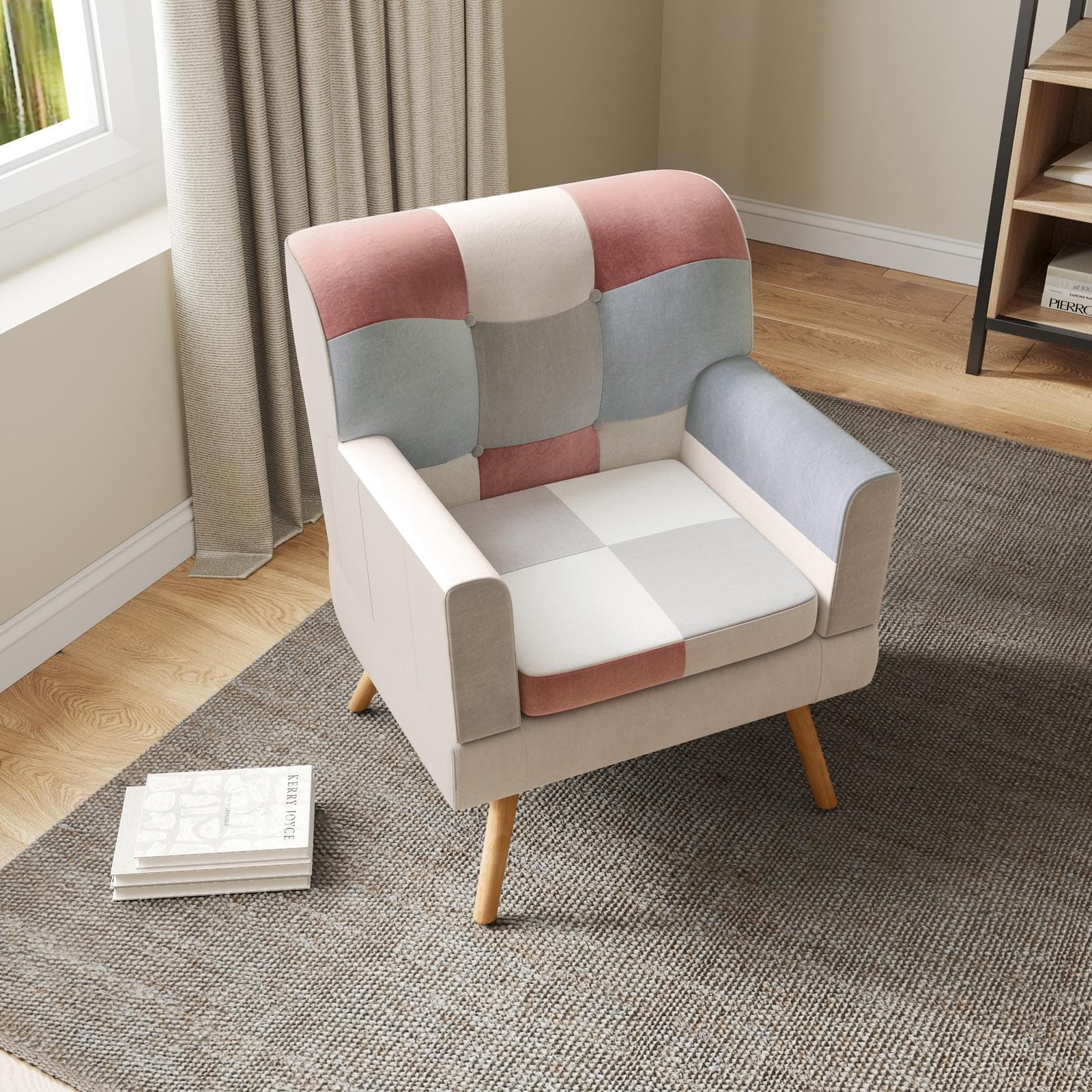 Poltrona scandinava in tessuto patchwork multicolor rosa e gambe in legno - Copenaghen
