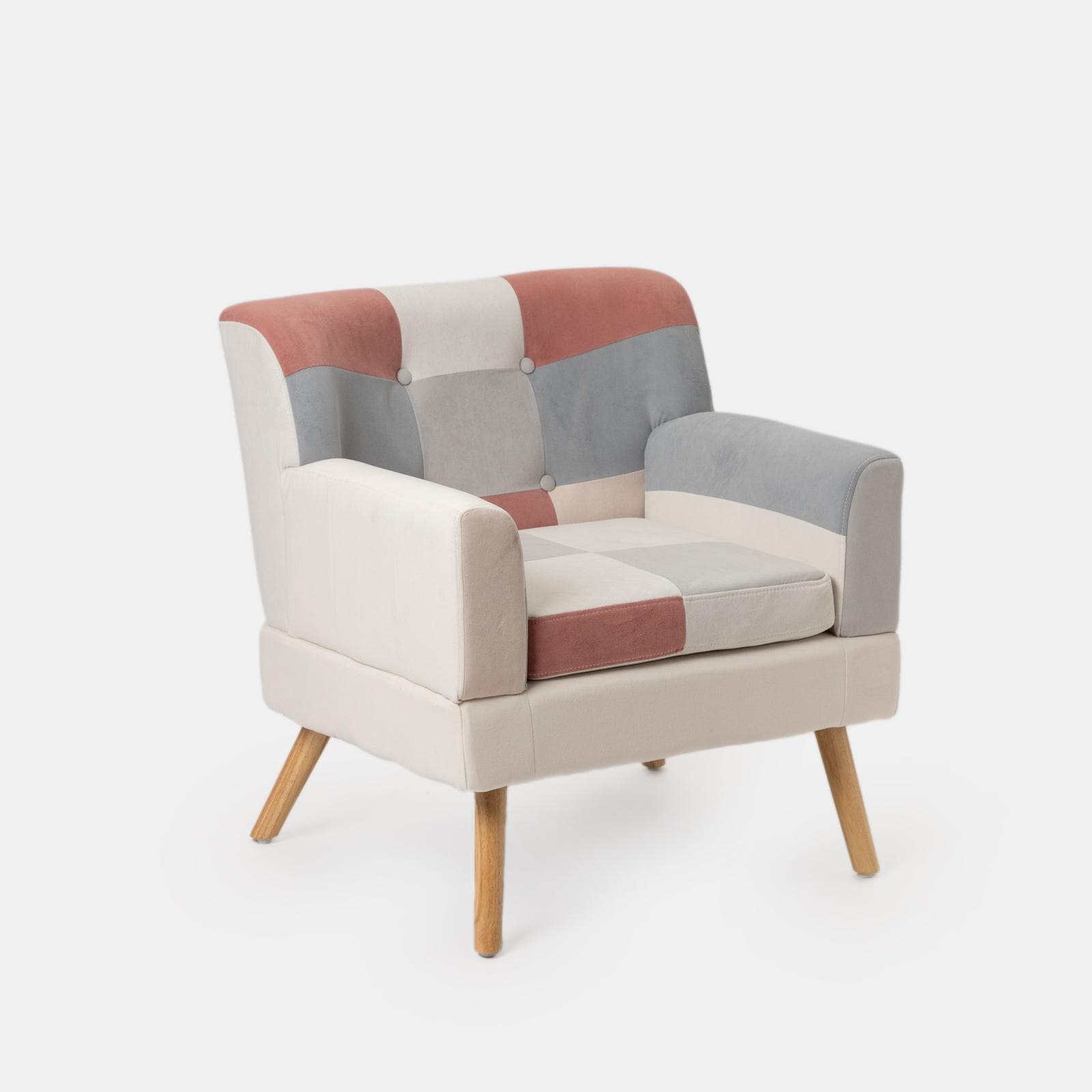 Poltrona scandinava in tessuto patchwork multicolor rosa e gambe in legno - Copenaghen