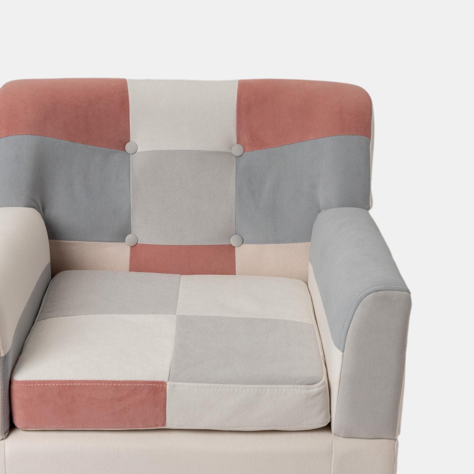 Poltrona scandinava in tessuto patchwork multicolor rosa e gambe in legno - Copenaghen