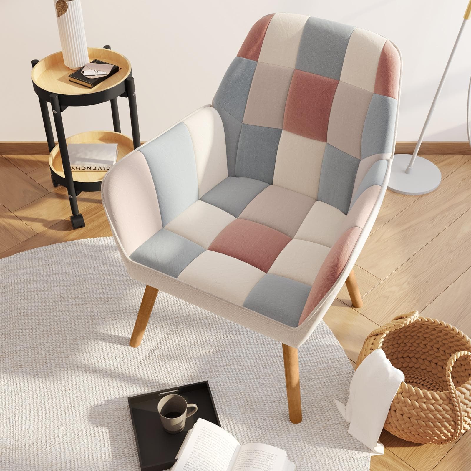 Poltrona scandinava in velluto patchwork multicolor rosa - Copenaghen