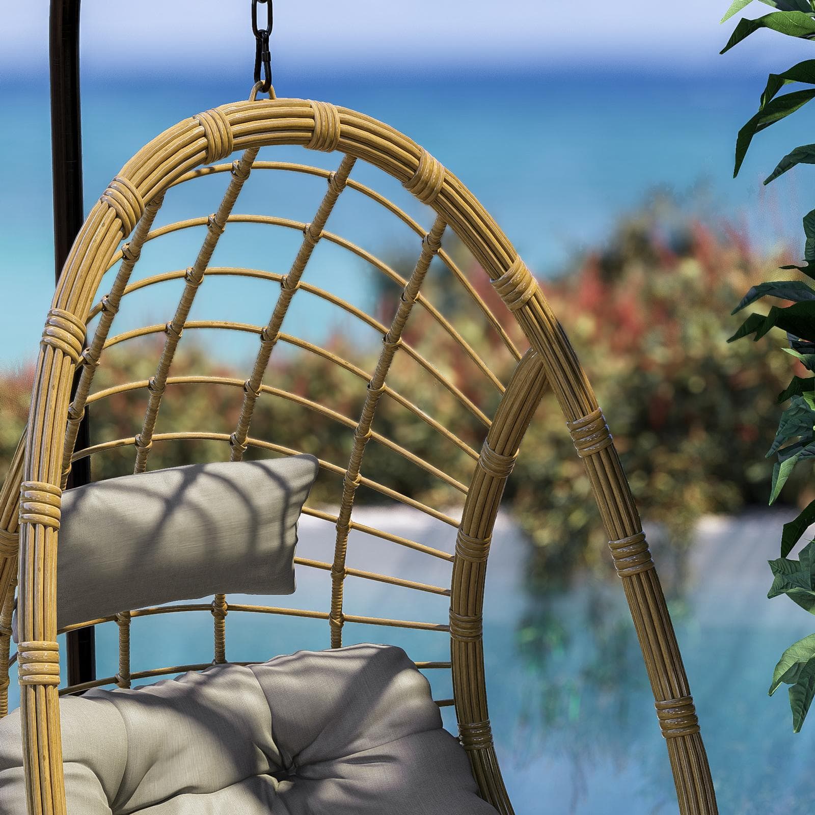 Poltrona sospesa in acciaio nero e polyrattan naturale con cuscino - Kasher