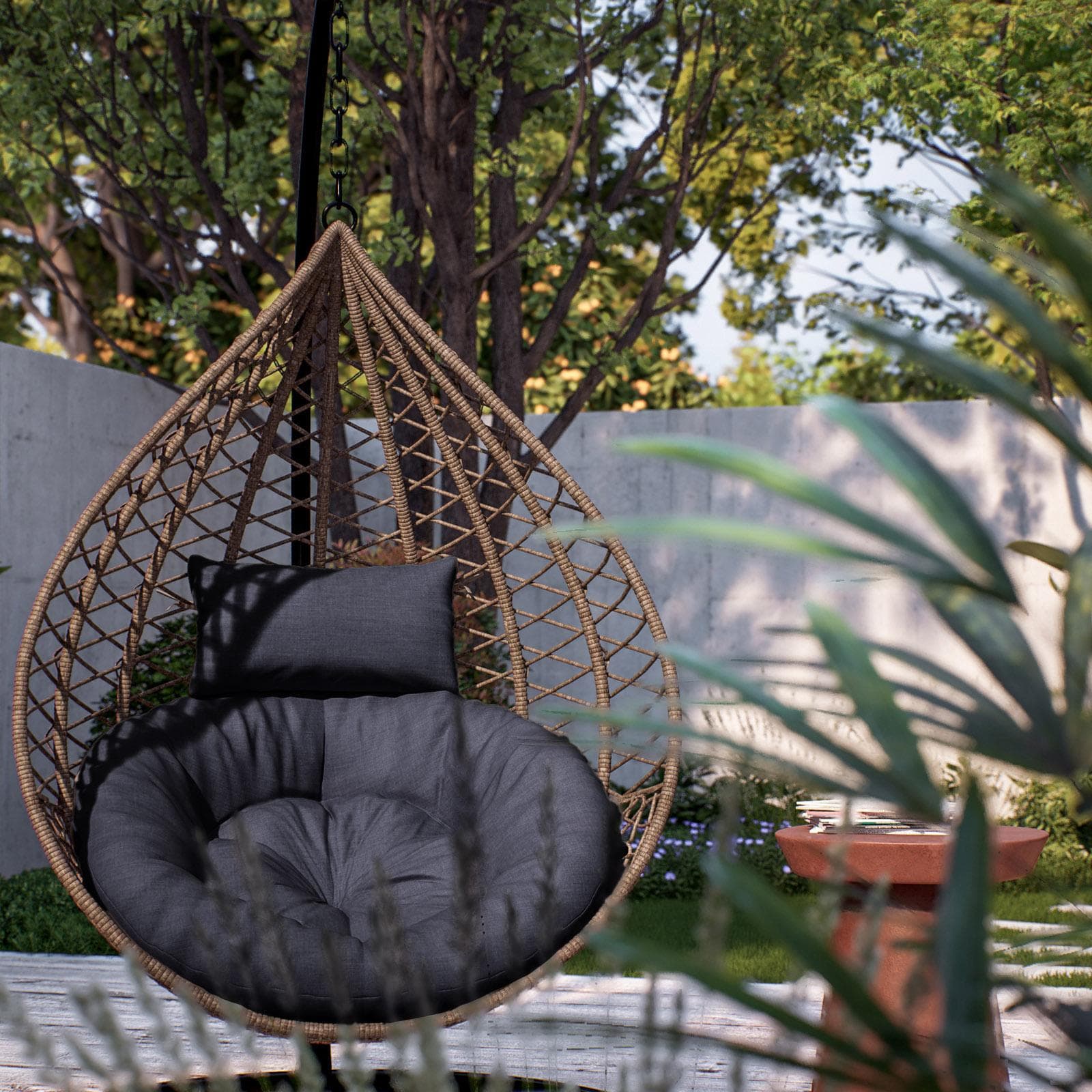 Poltrona sospesa in polyrattan caffè con cuscino e supporto - Bouvet