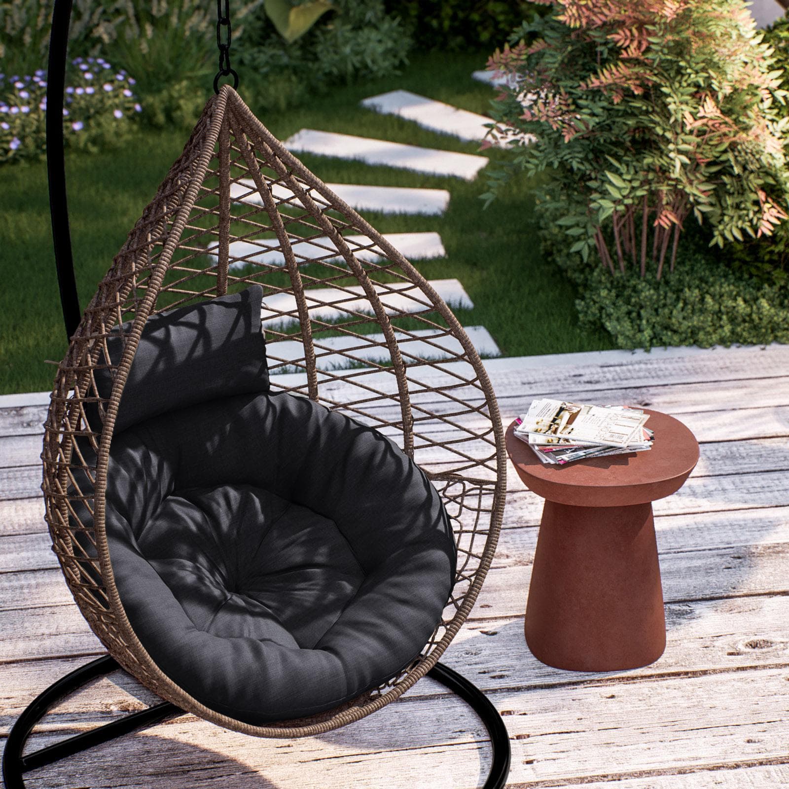 Poltrona sospesa in polyrattan caffè con cuscino e supporto - Bouvet